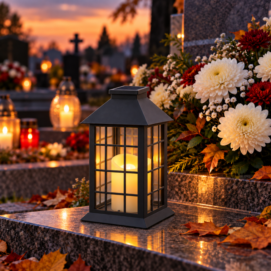 Znicz solarny LED na cmentarz czarny lampion 2700K IP44