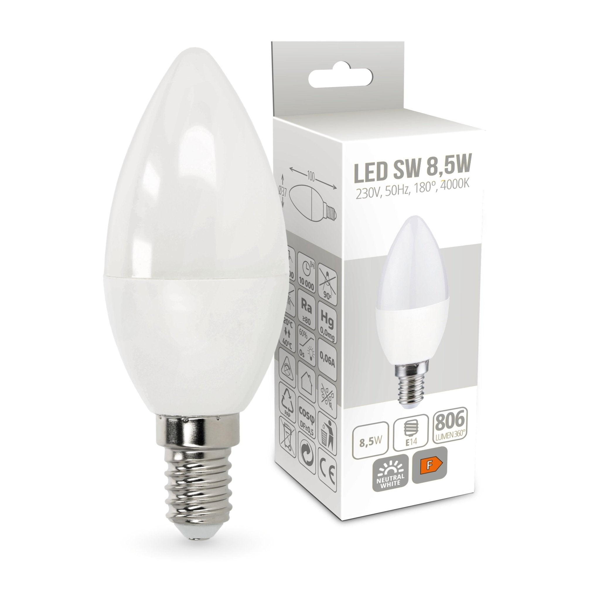 10x Żarówka LED SW E14 8,5W Barwa Neutralna biała 4000K 806lm Żarówka Świeczka - LAITICA