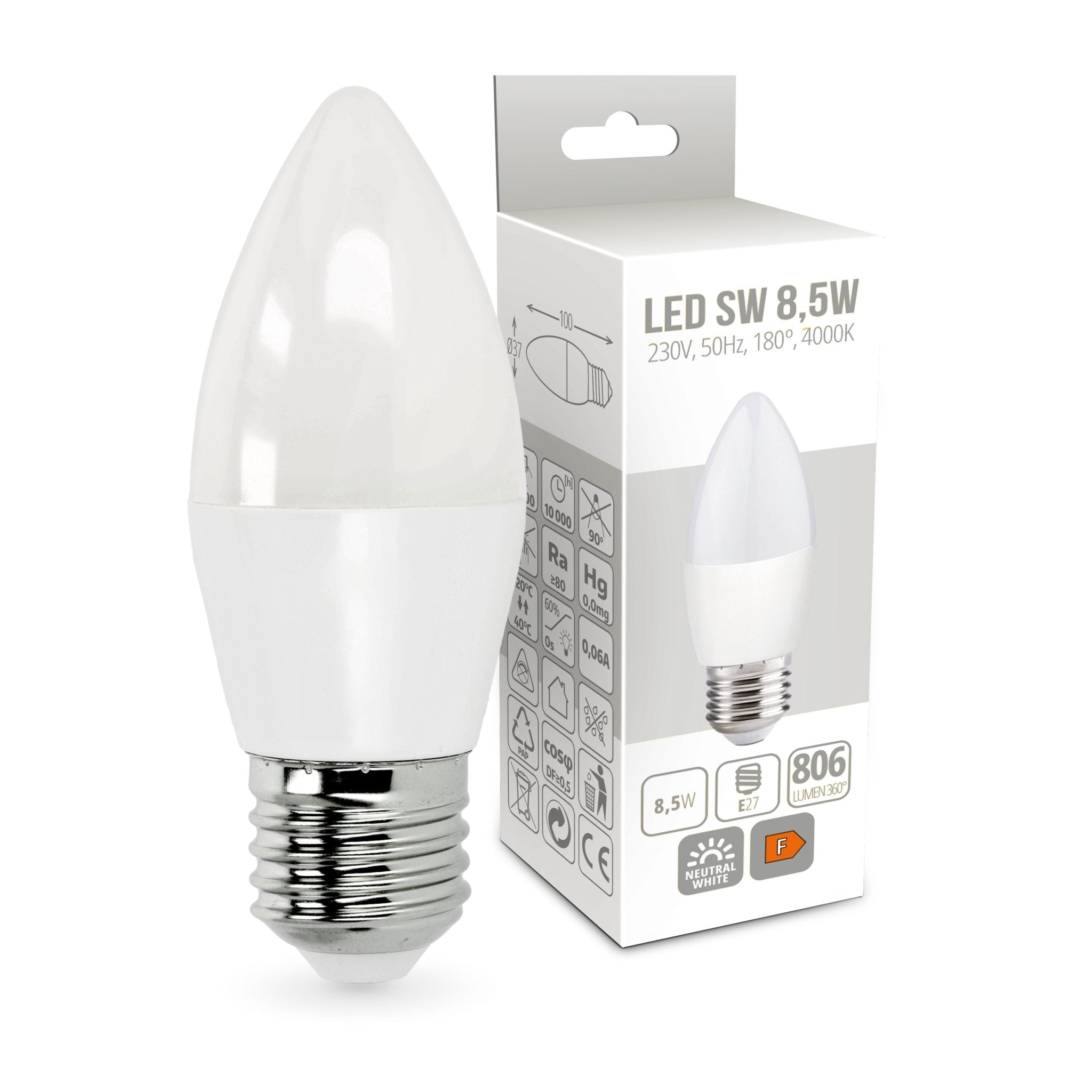 10x Żarówka świeczka LED SW 8,5W E27 Barwa Neutralna 180 stopni 4000K - LAITICA