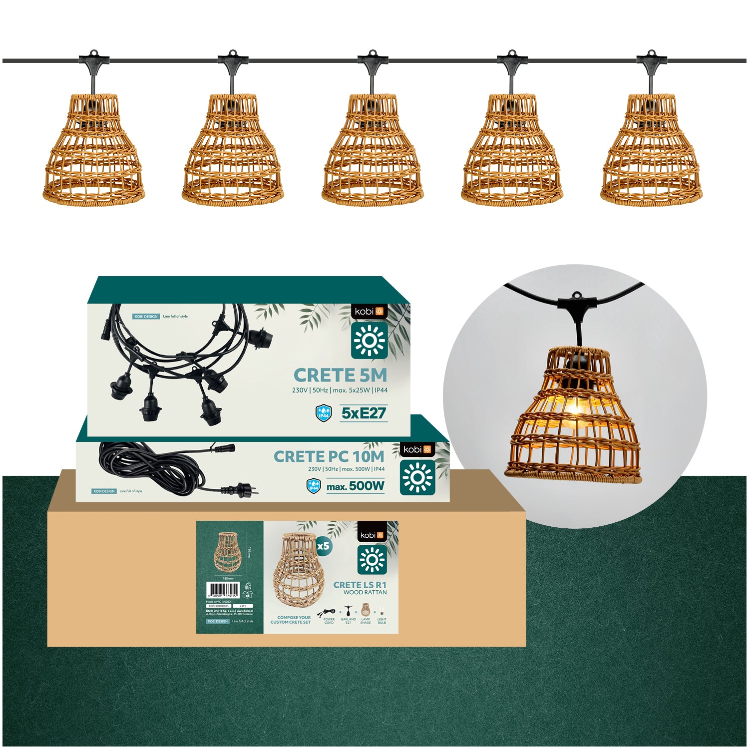 ZESTAW CRETE Girlanda ogrodowa 5m + kabel 10m + 5x klosz R1