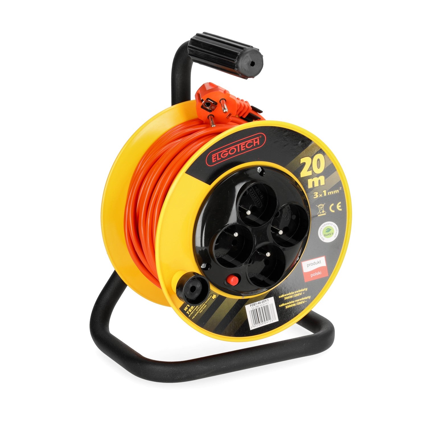 Przedłużacz bębnowy ogrodowy 20m 4 gniazda 3x1mm zwijany Z UCHWYTEM PVC