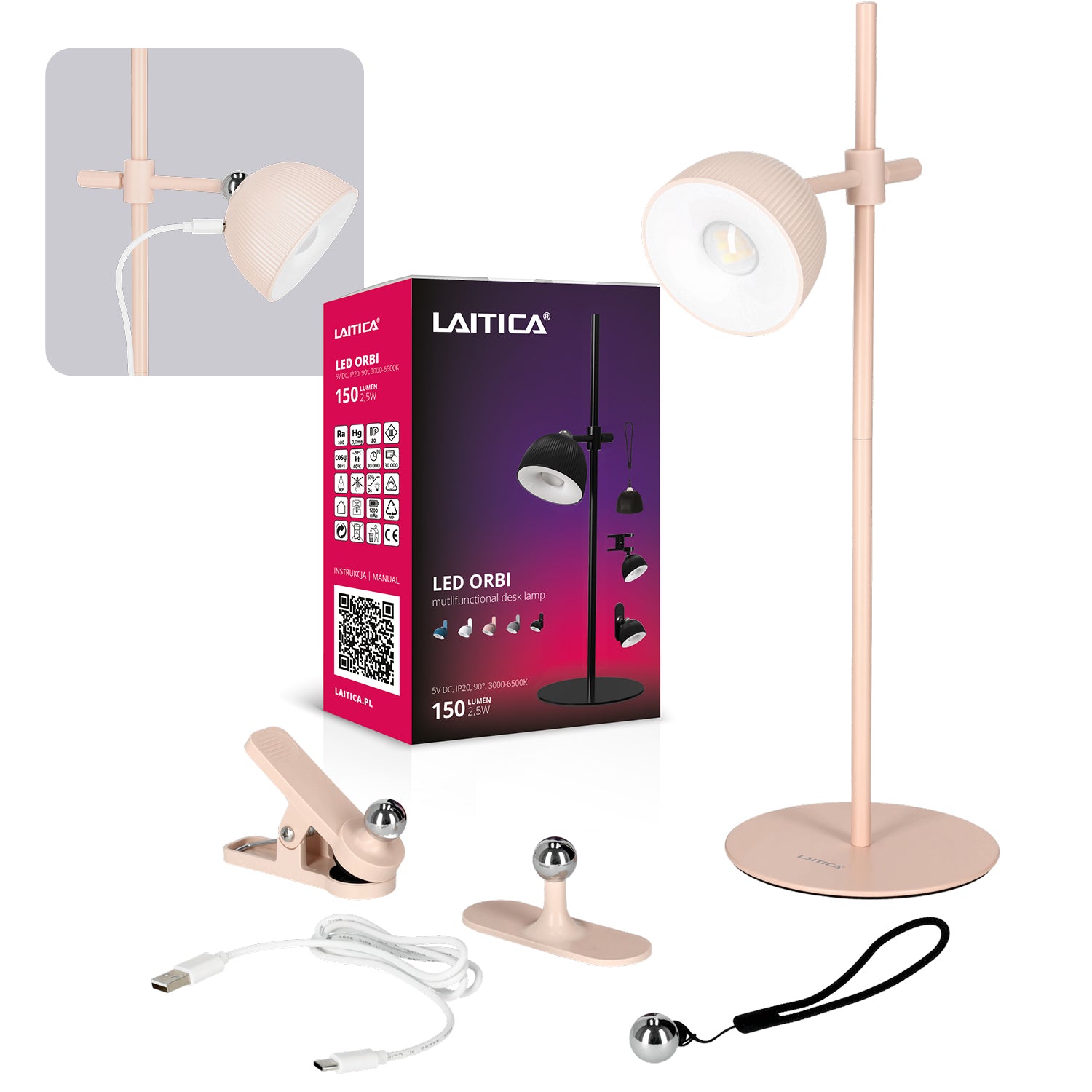 Lampka LED ORBI 2,5W na klik REGULACJA BARWY ŚWIATŁA USB 4w1 RÓŻOWA