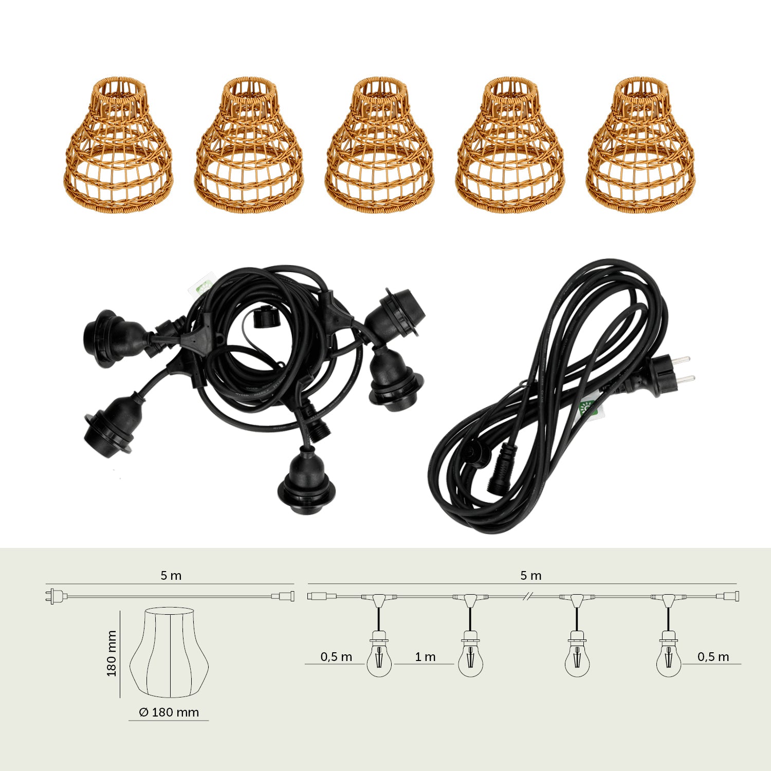 ZESTAW CRETE Girlanda ogrodowa 5m + kabel 5m + 5x klosz R1