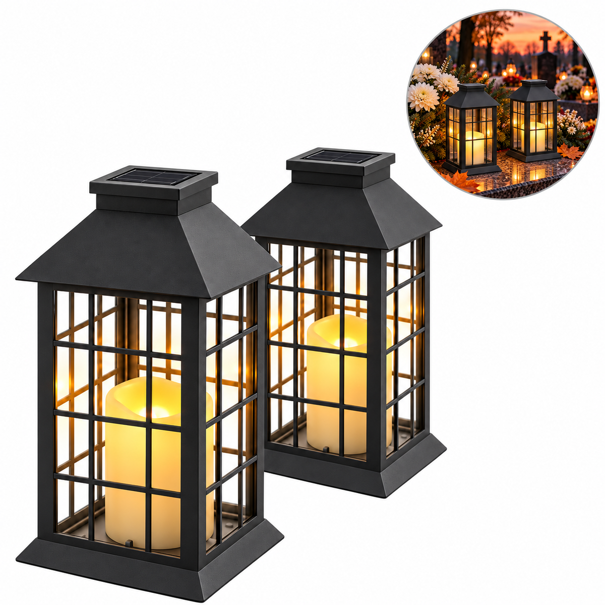 2x Znicz solarny LED na cmentarz czarny lampion 2700K IP44