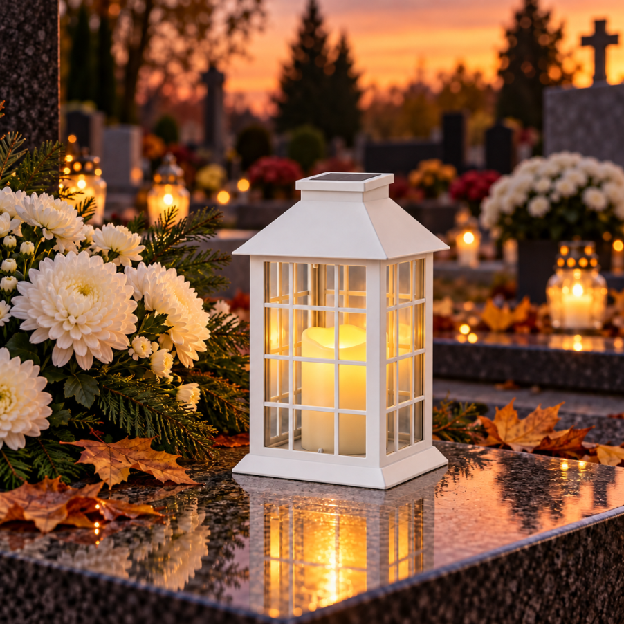Znicz solarny LED na cmentarz lampion biały 27,5 cm 2700K IP44
