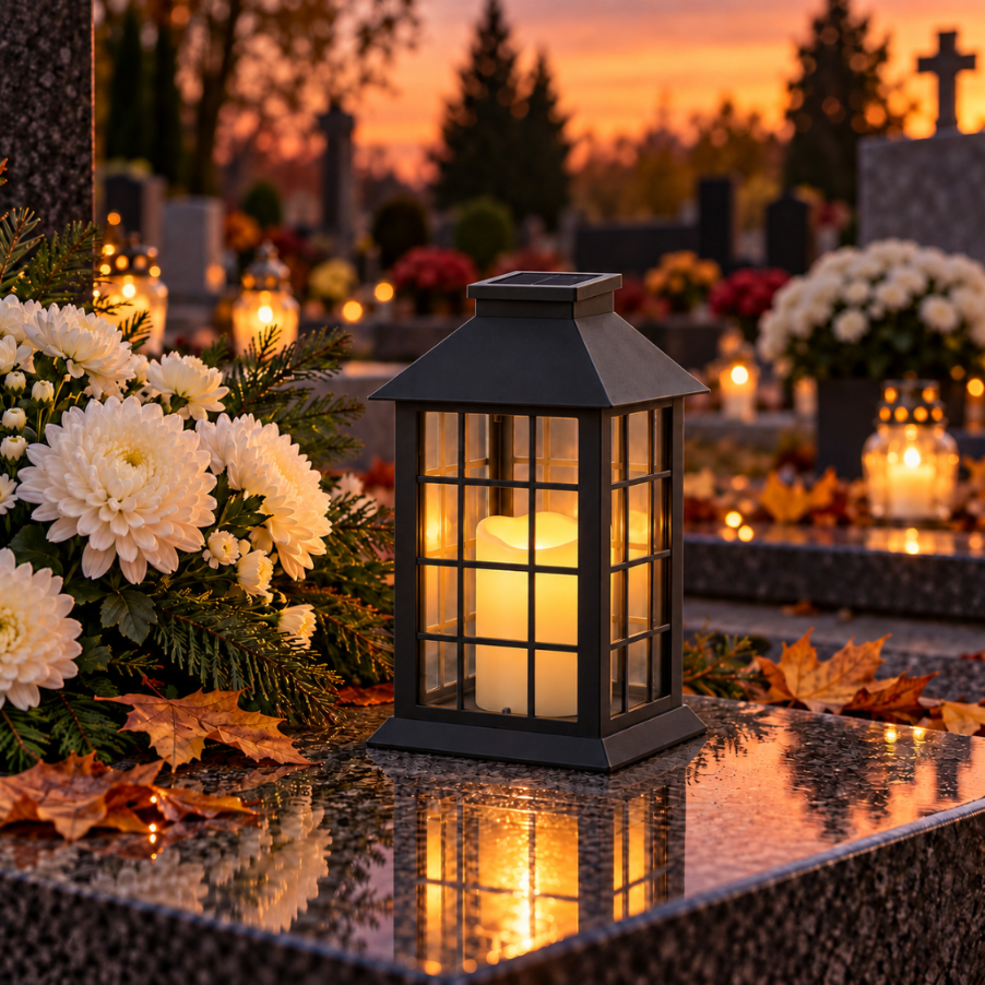 Znicz solarny LED na cmentarz czarny lampion 2700K IP44