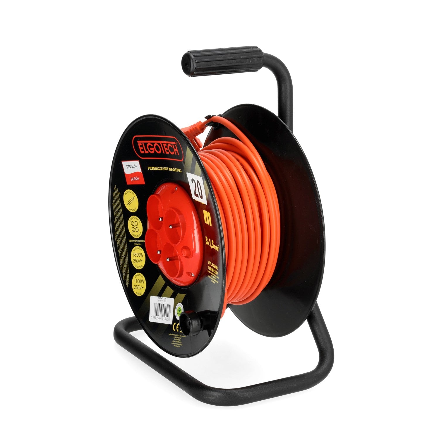 Przedłużacz bębnowy ogrodowy 20m 4 gniazda 3x1,5mm zwijany Z UCHWYTEM