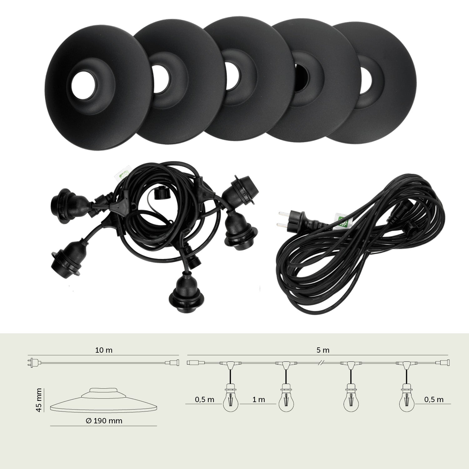 ZESTAW CRETE Girlanda ogrodowa 5m + kabel 10m + 5x klosz czarny M2