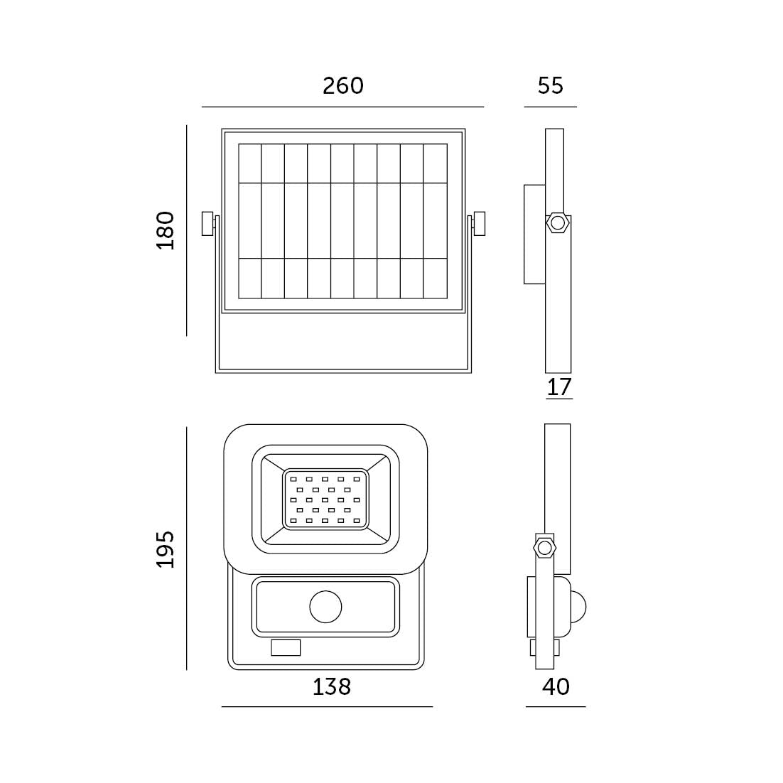Ledowy naświetlacz SOLARI 20W z czujnikiem ruchu barwa zimnobiała wymiary