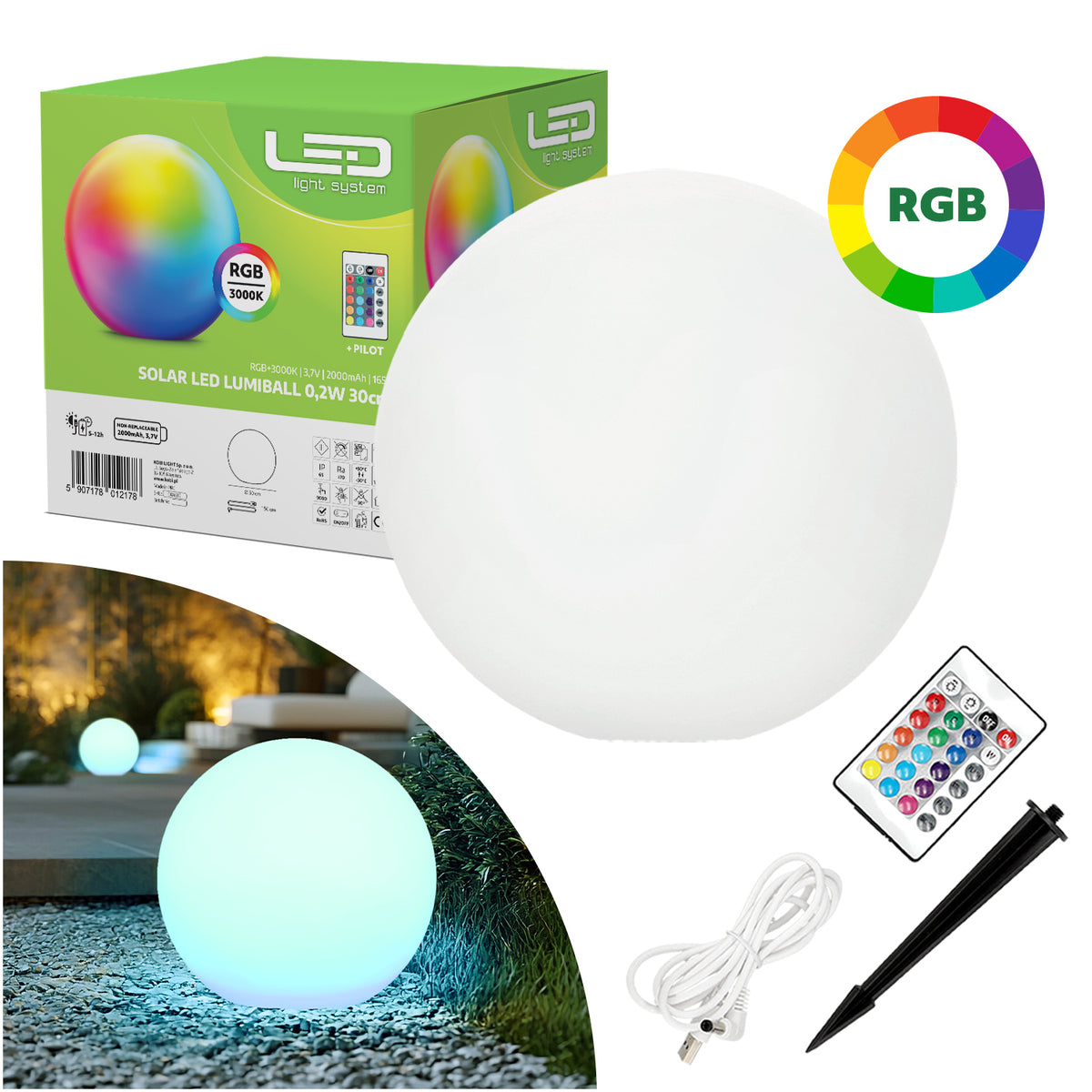 Kula LED Halloween 30 cm solarna RGB USB pilot lampa ogrodowa dekoracja