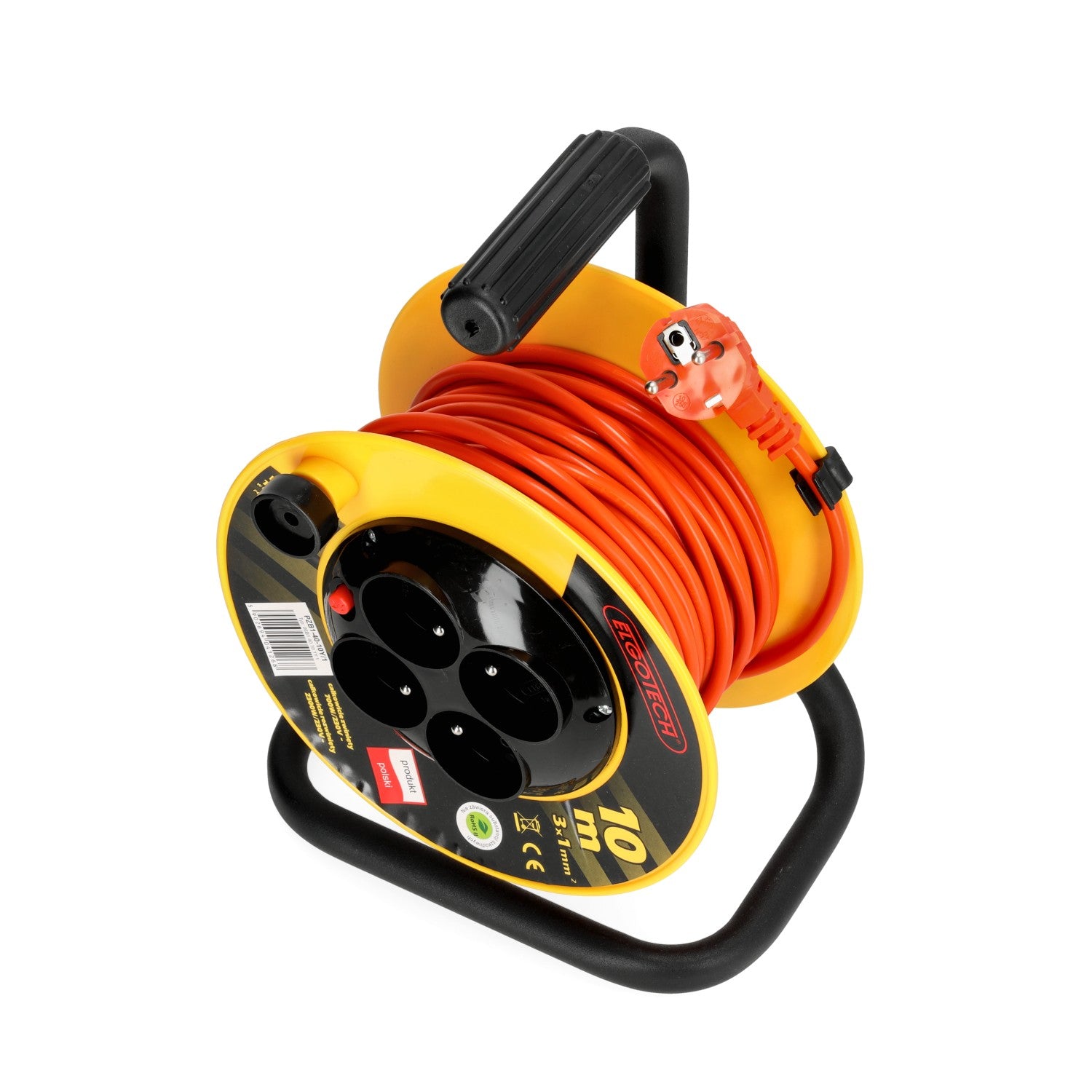 Przedłużacz bębnowy ogrodowy 10m 4 gniazda 3x1mm zwijany Z UCHWYTEM PVC