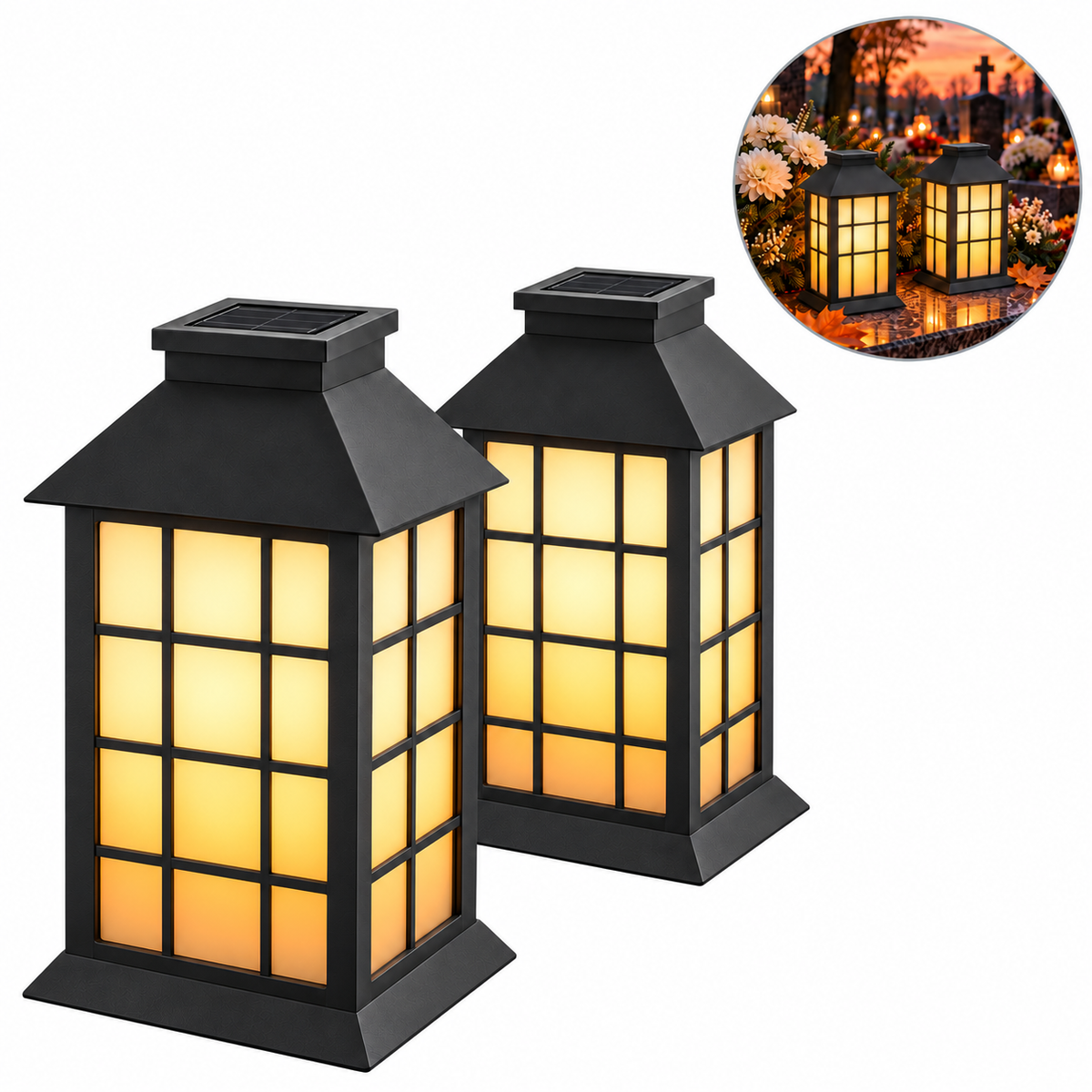 2x Znicz solarny LED na cmentarz czarne lampiony 27 cm 1600K IP44