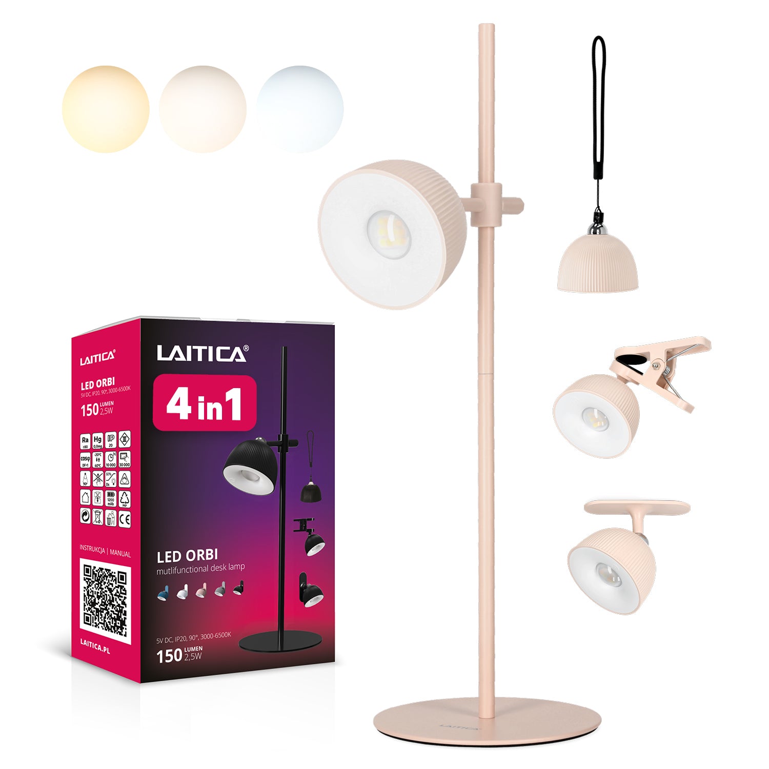 Lampka LED ORBI 2,5W na klik REGULACJA BARWY ŚWIATŁA USB 4w1 RÓŻOWA
