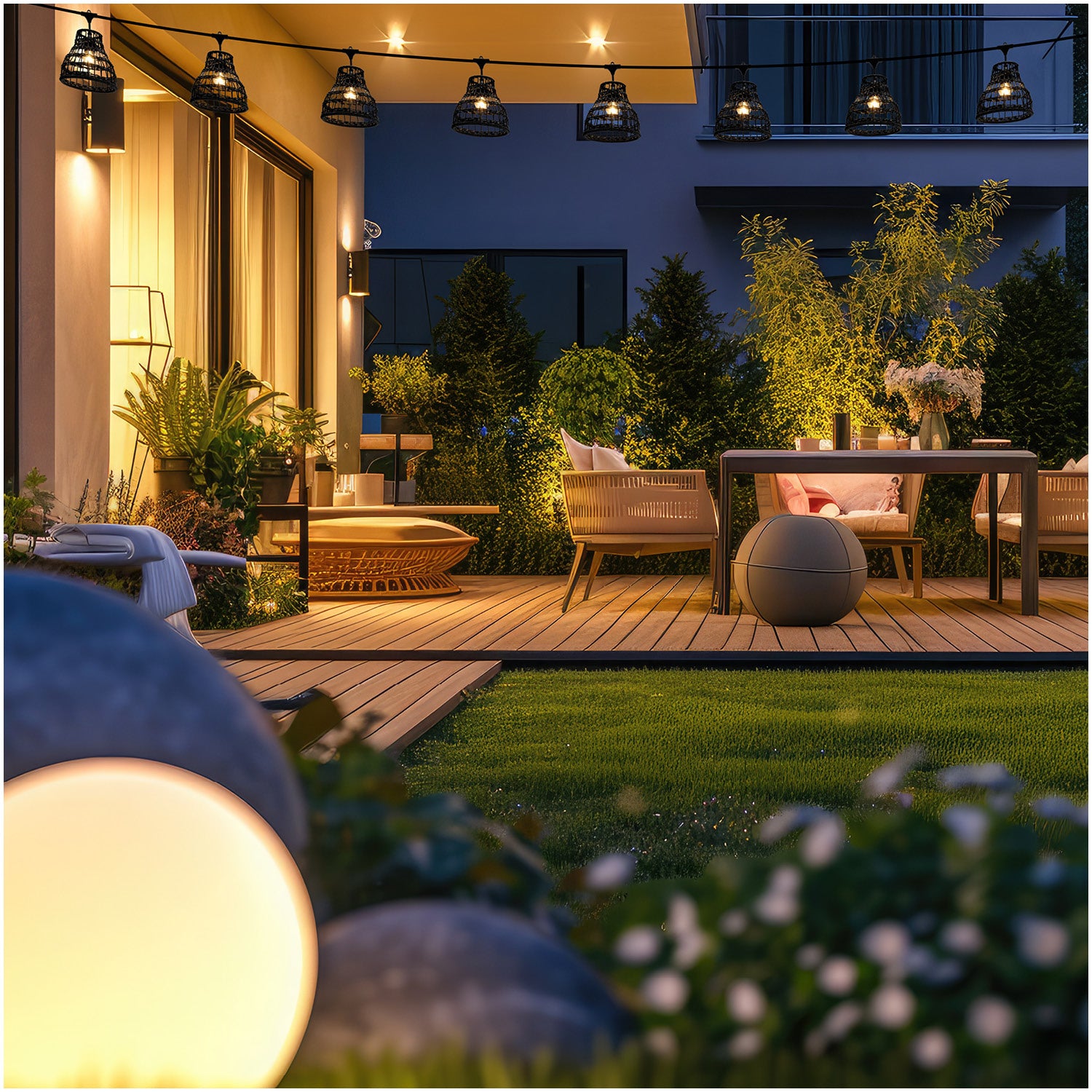 ZESTAW CRETE 2x Girlanda ogrodowa 5m + kabel 10m + 10x klosz czarny R2 +LED