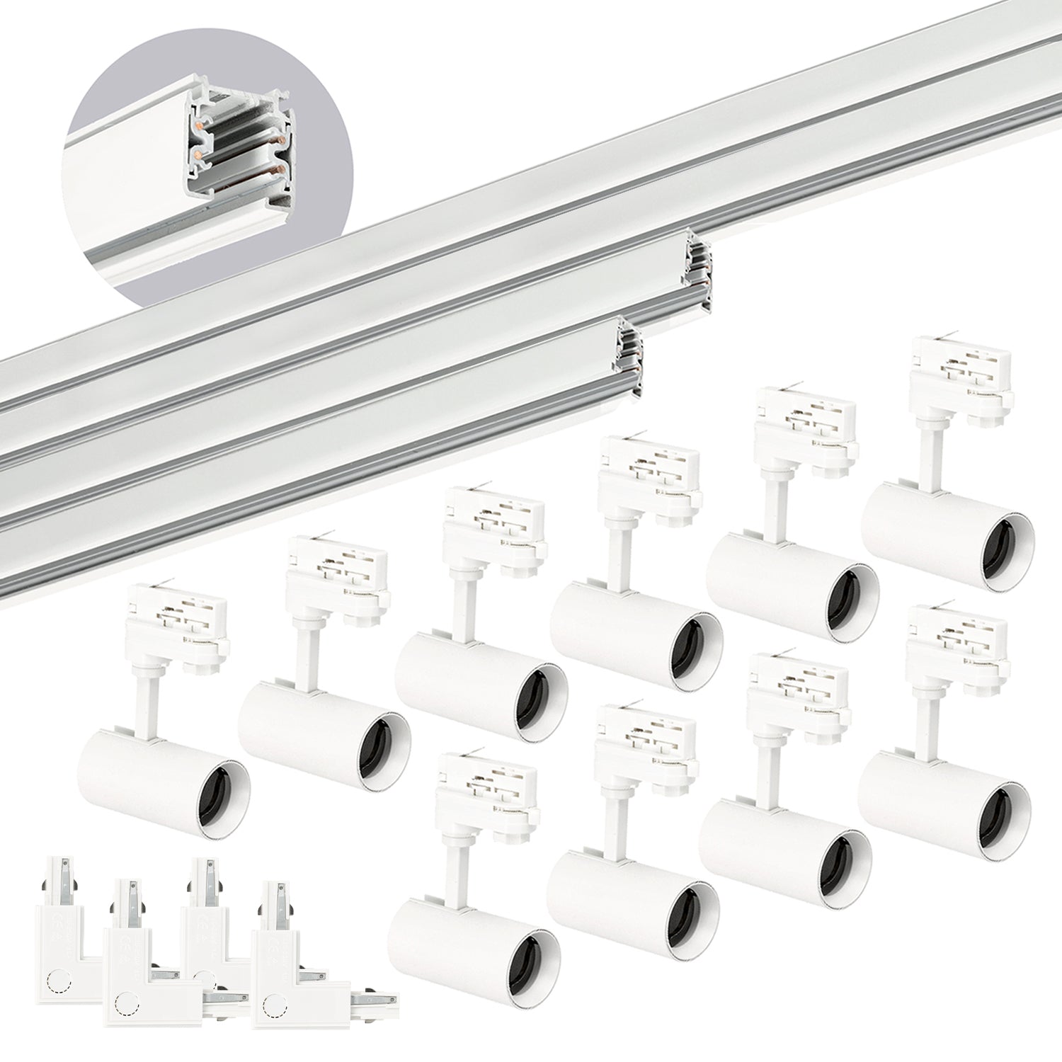Zestaw szynowy 3 fazowy szyna 2x2m+2x1m, 4x łącznik L, 10x Lampa BIAŁY