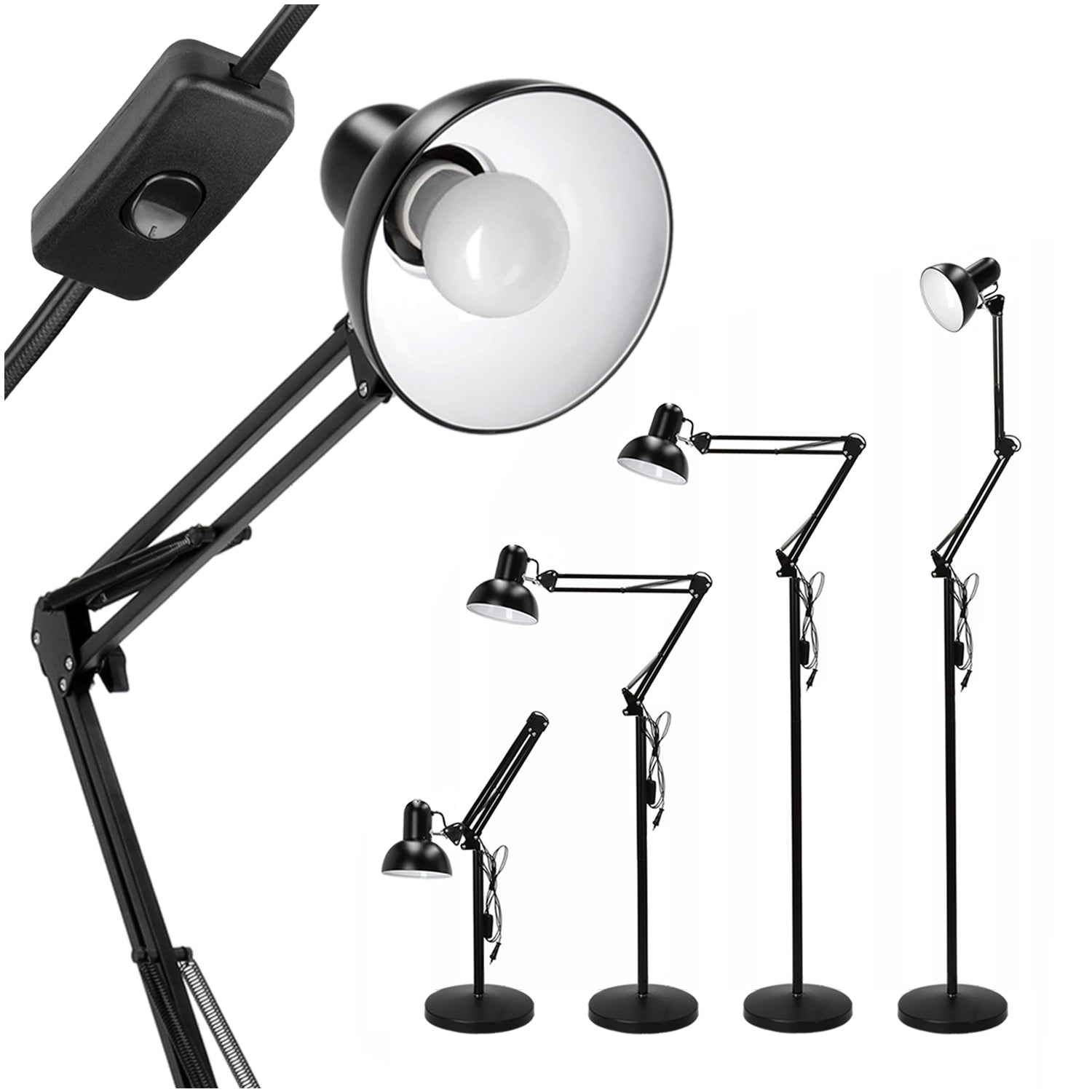 Lampa Podłogowa 2m z Regulowanym Ramieniem Metalowa CZARNA 1xE27 Nowoczesna