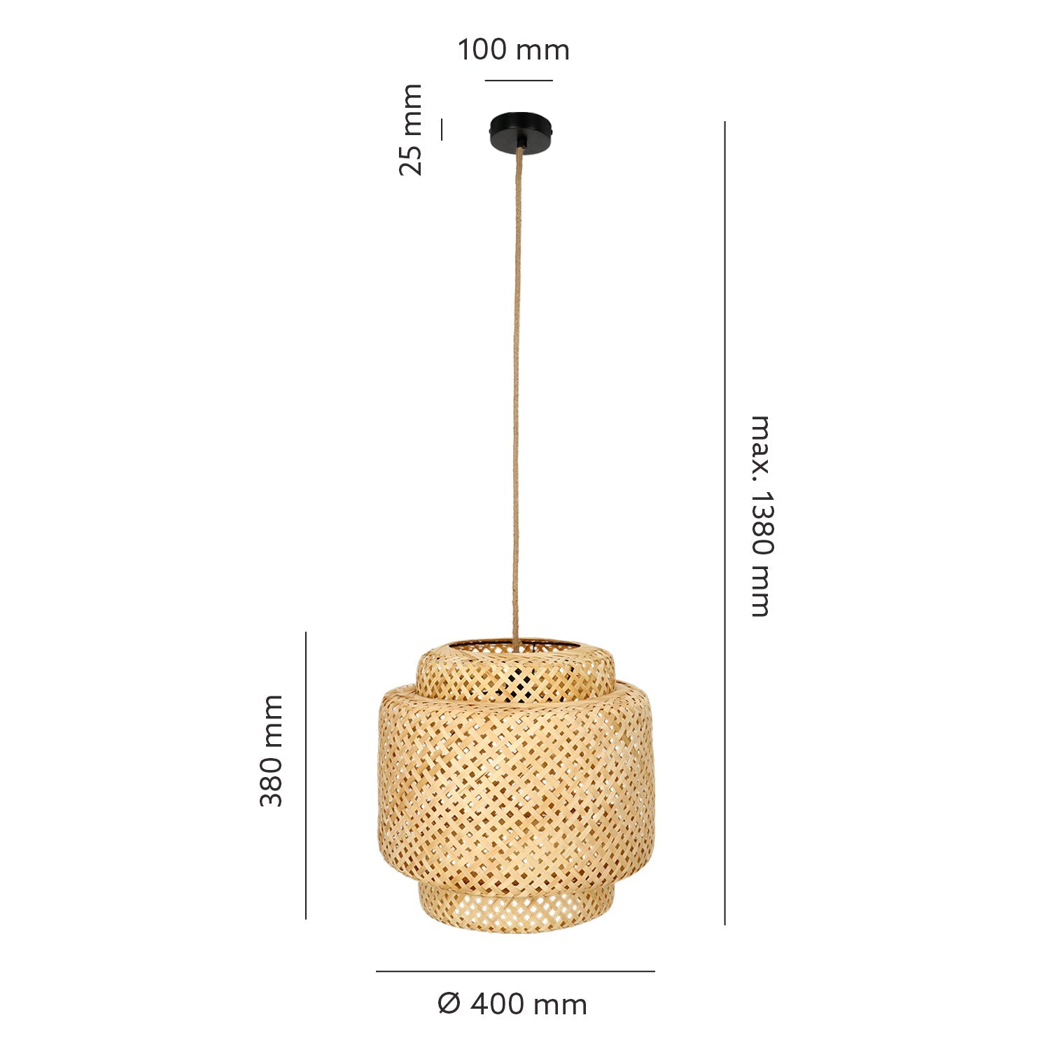 Boho Lampa WISZĄCA BONN RB pleciony klosz DUŻA 40cm E27 czarna podsufitówka - LAITICA