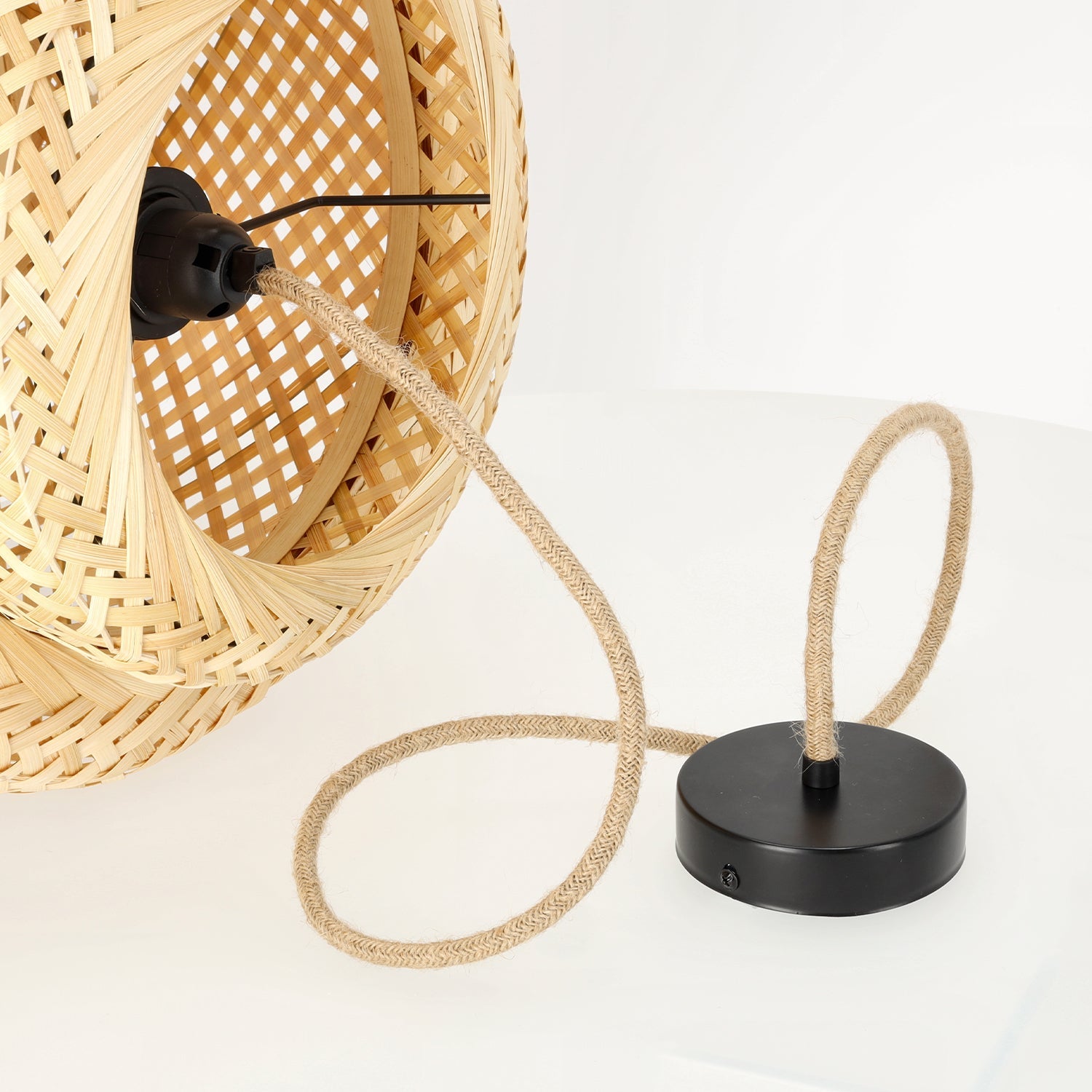 Boho Lampa WISZĄCA BONN RB pleciony klosz DUŻA 40cm E27 czarna podsufitówka - LAITICA