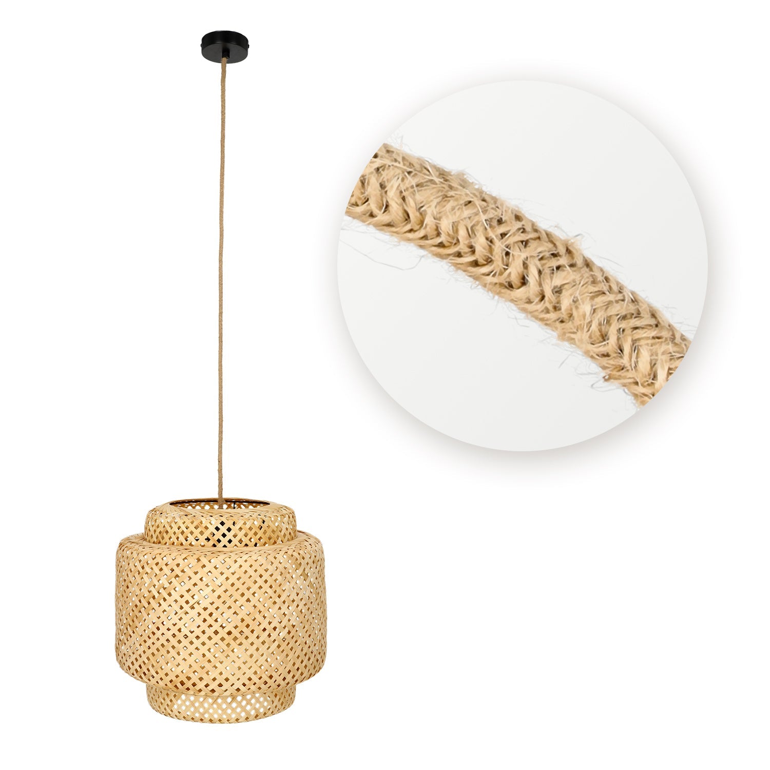 Boho Lampa WISZĄCA BONN RB pleciony klosz DUŻA 40cm E27 czarna podsufitówka - LAITICA