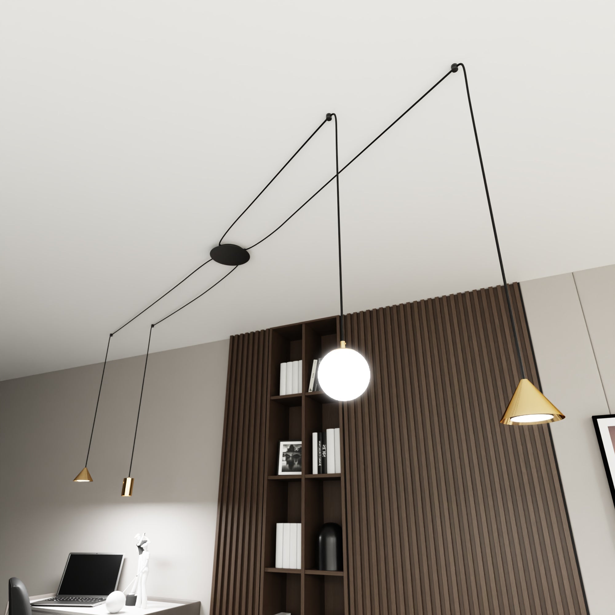 Designerska Lampa Wisząca INEZ pająk KLOSZE ZŁOTE 4 ramienna Zwis Regulacja - LAITICA
