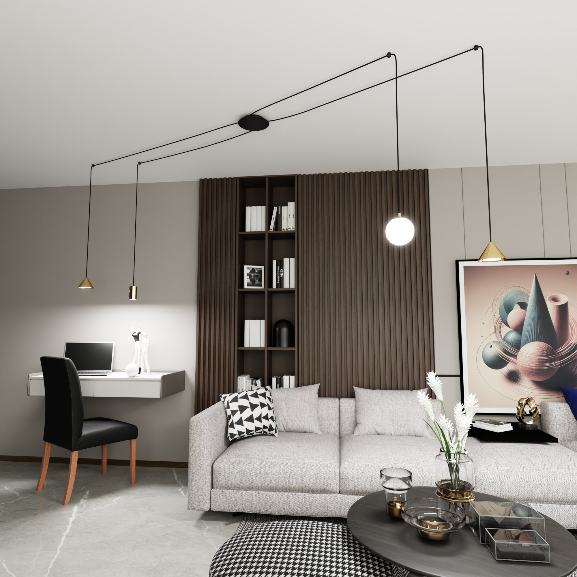 Designerska Lampa Wisząca INEZ pająk KLOSZE ZŁOTE 4 ramienna Zwis Regulacja - LAITICA