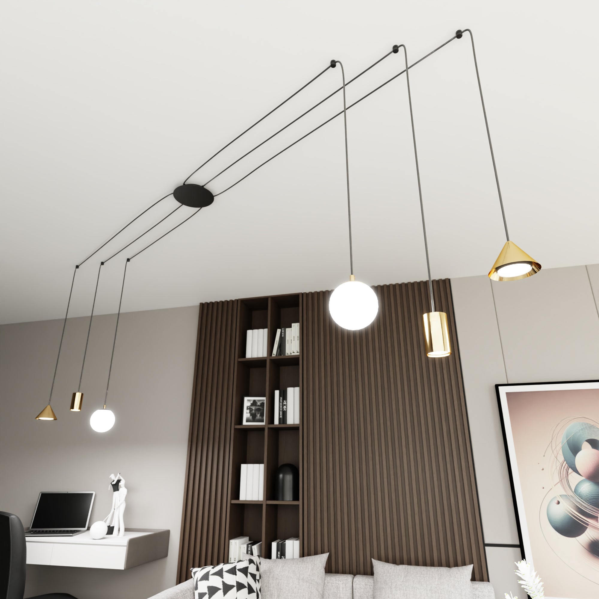Designerska Lampa Wisząca INEZ pająk KLOSZE ZŁOTE 6 ramienna Zwis Regulacja - LAITICA