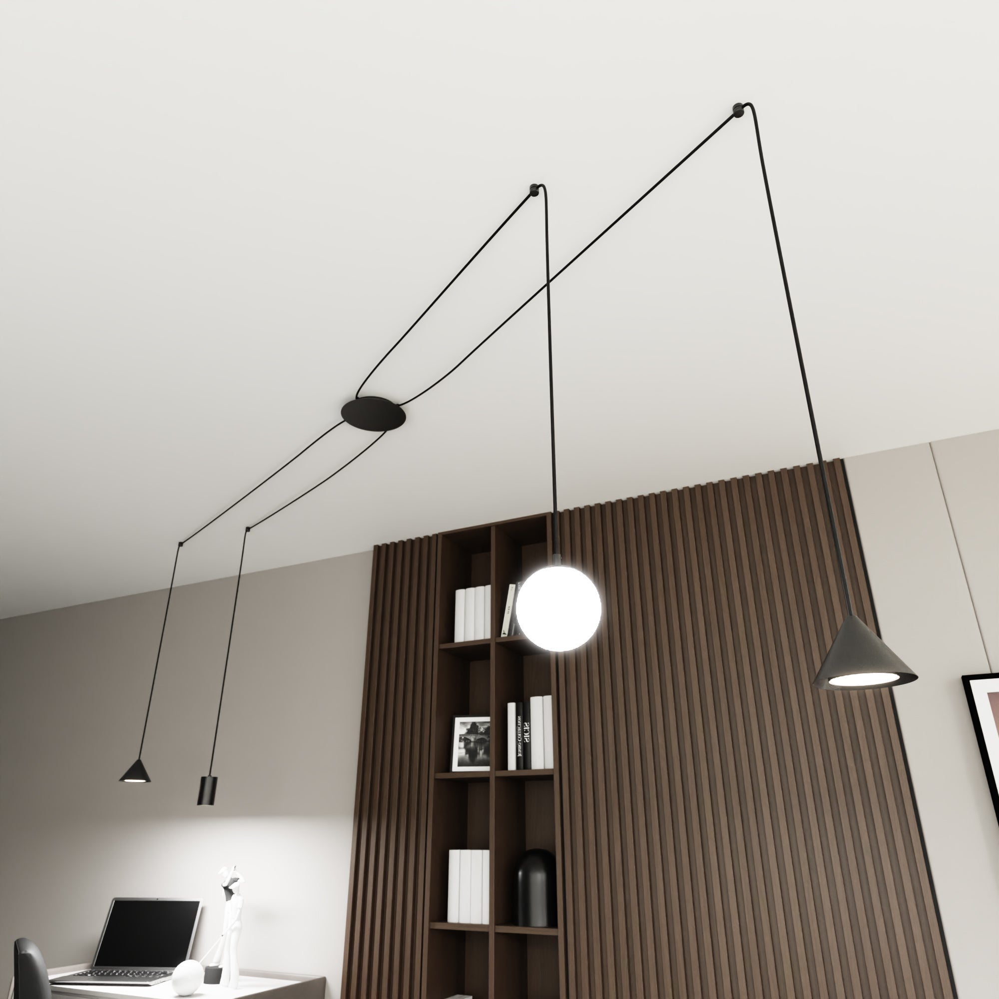 Designerska Lampa Wisząca INEZ pająk RÓŻNE KLOSZE czarna 4 ramienna Zwis - LAITICA