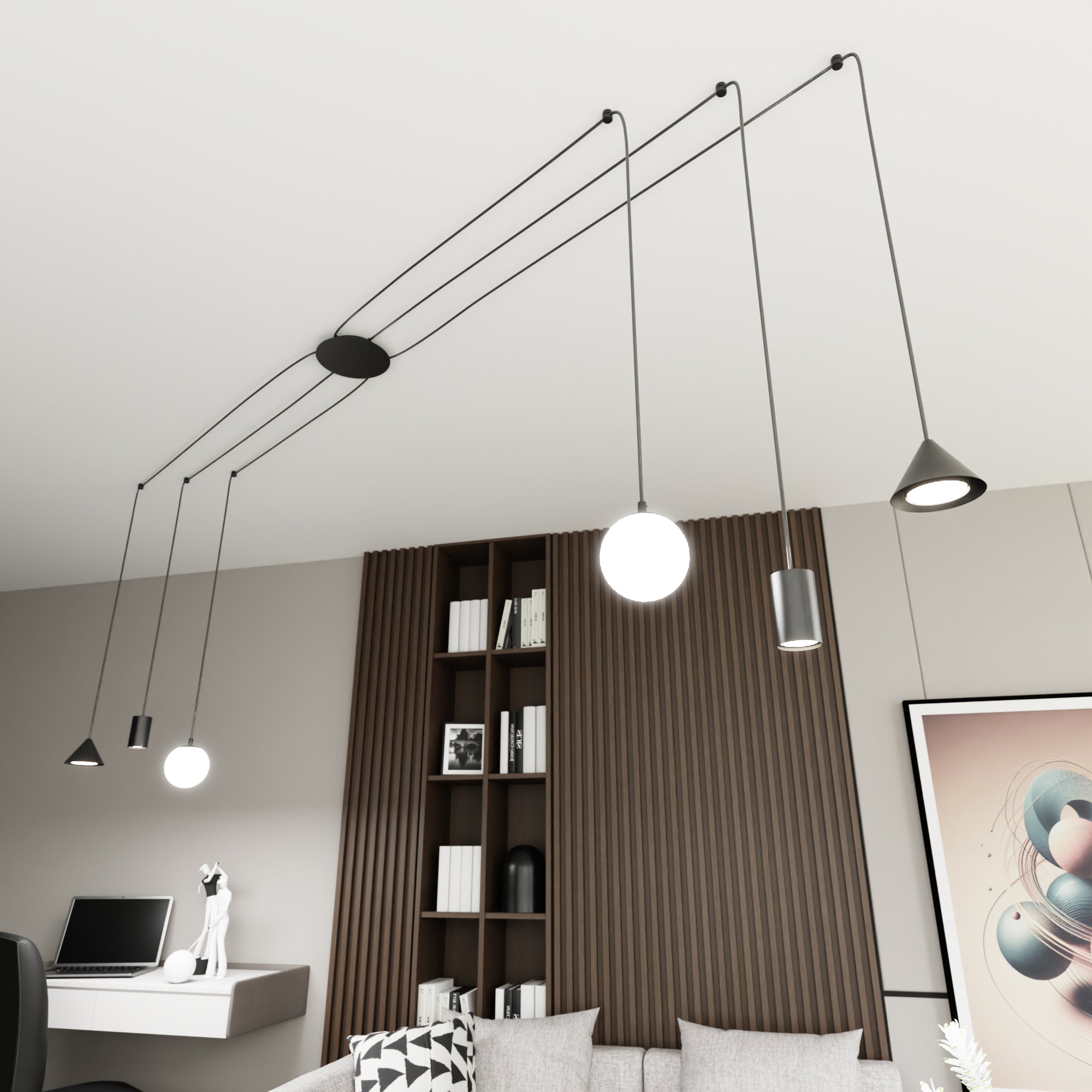 Designerska Lampa Wisząca INEZ pająk RÓŻNE KLOSZE czarna 6 ramienna Zwis - LAITICA