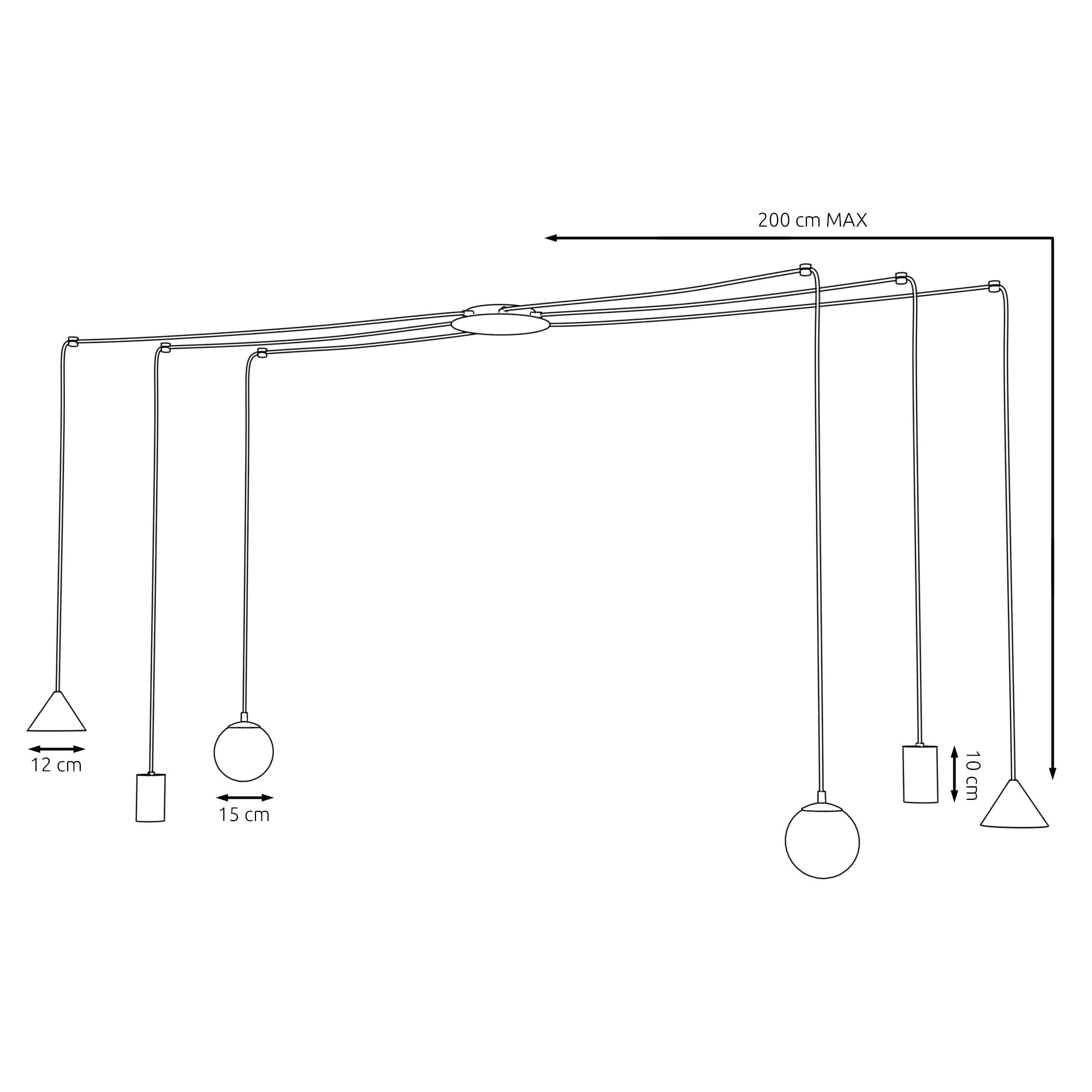 Designerska Lampa Wisząca INEZ pająk RÓŻNE KLOSZE czarna 6 ramienna Zwis - LAITICA