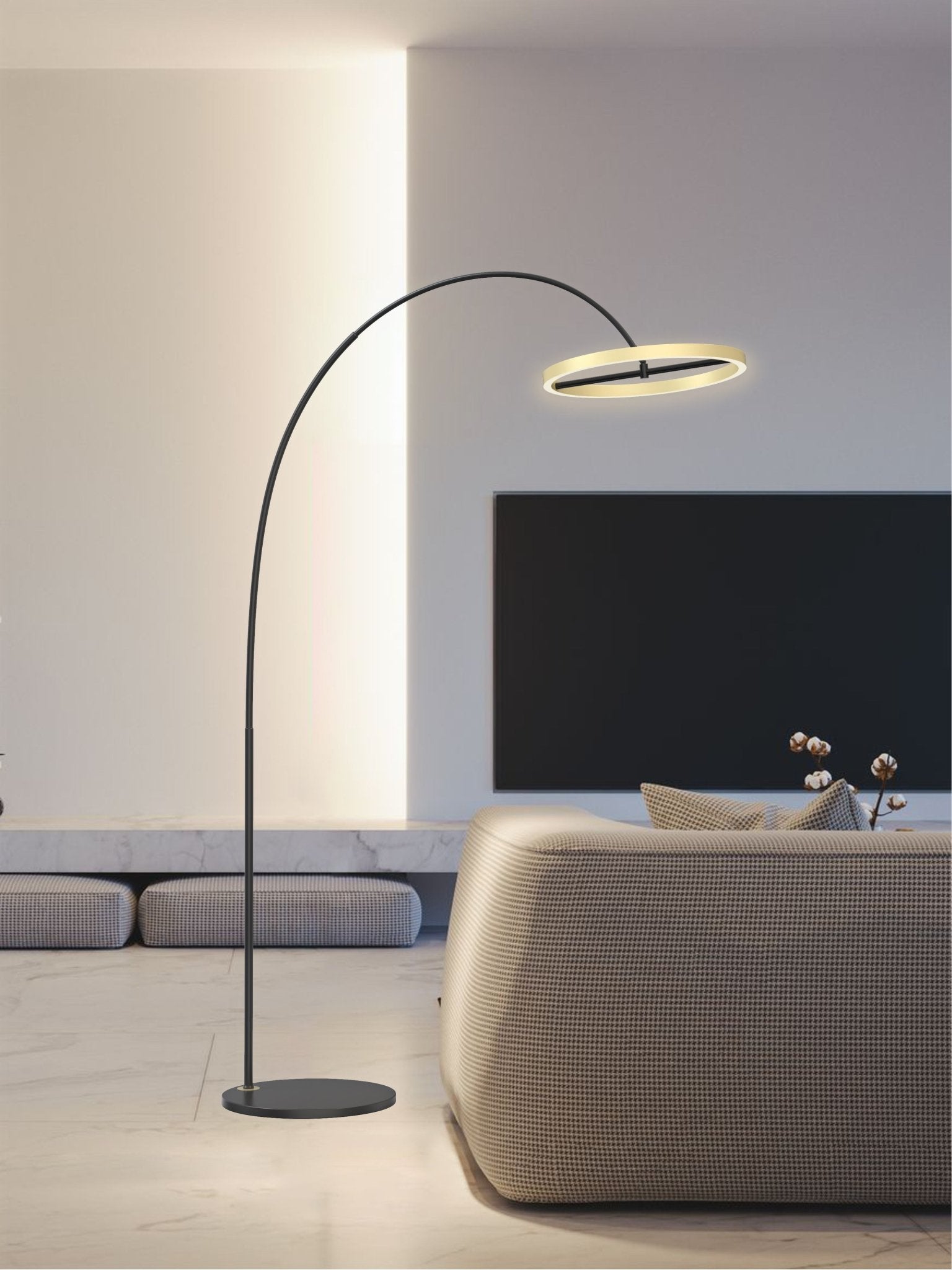 Duża lampa stojaca LED MALTA złoty okrągły klosz barwa CIEPŁA 180cm - LAITICA