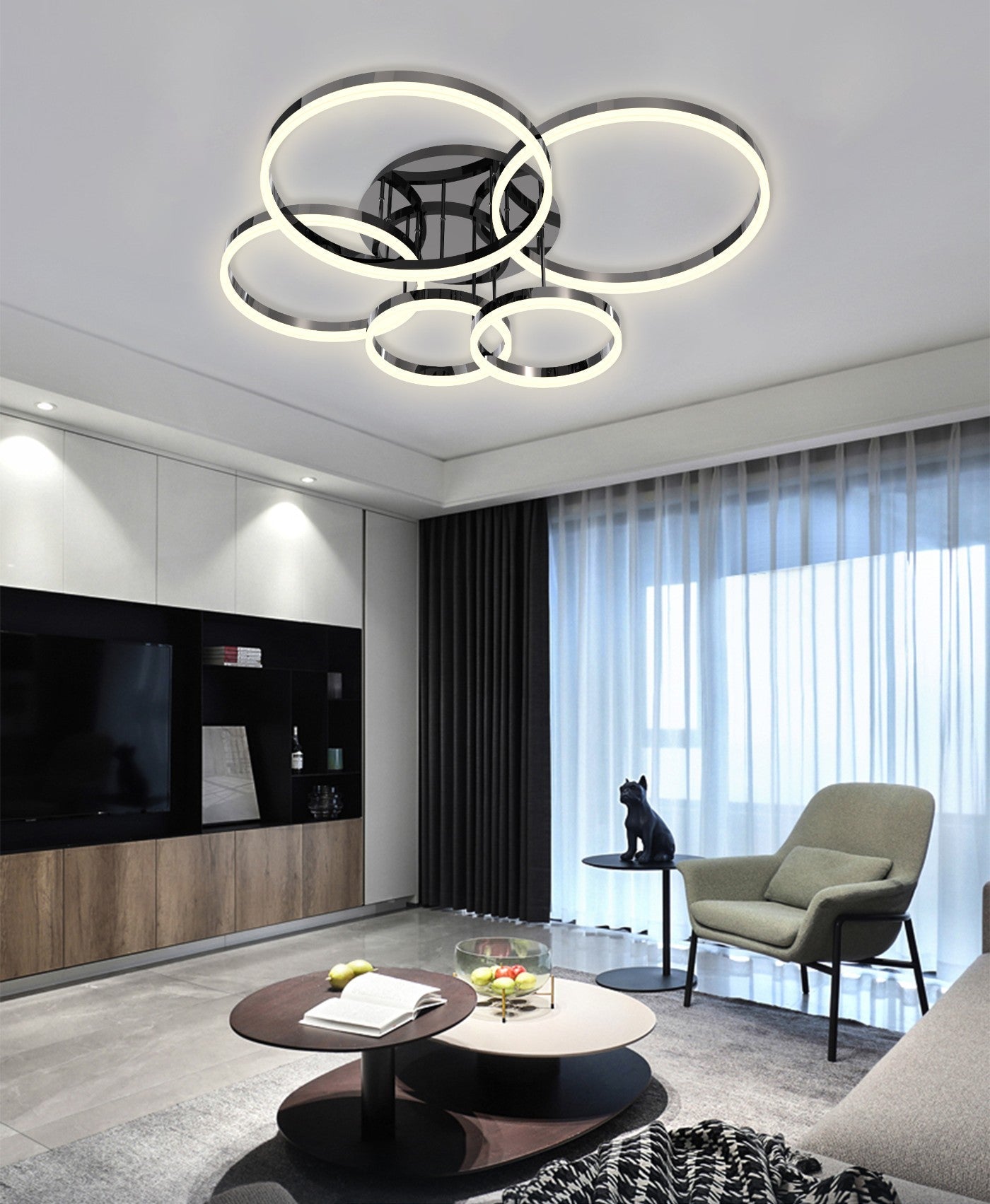 DUŻA lampa sufitowa MALTA CZARNA ledowe okręgi BARWA CIEPŁA 5 - punktowa - LAITICA