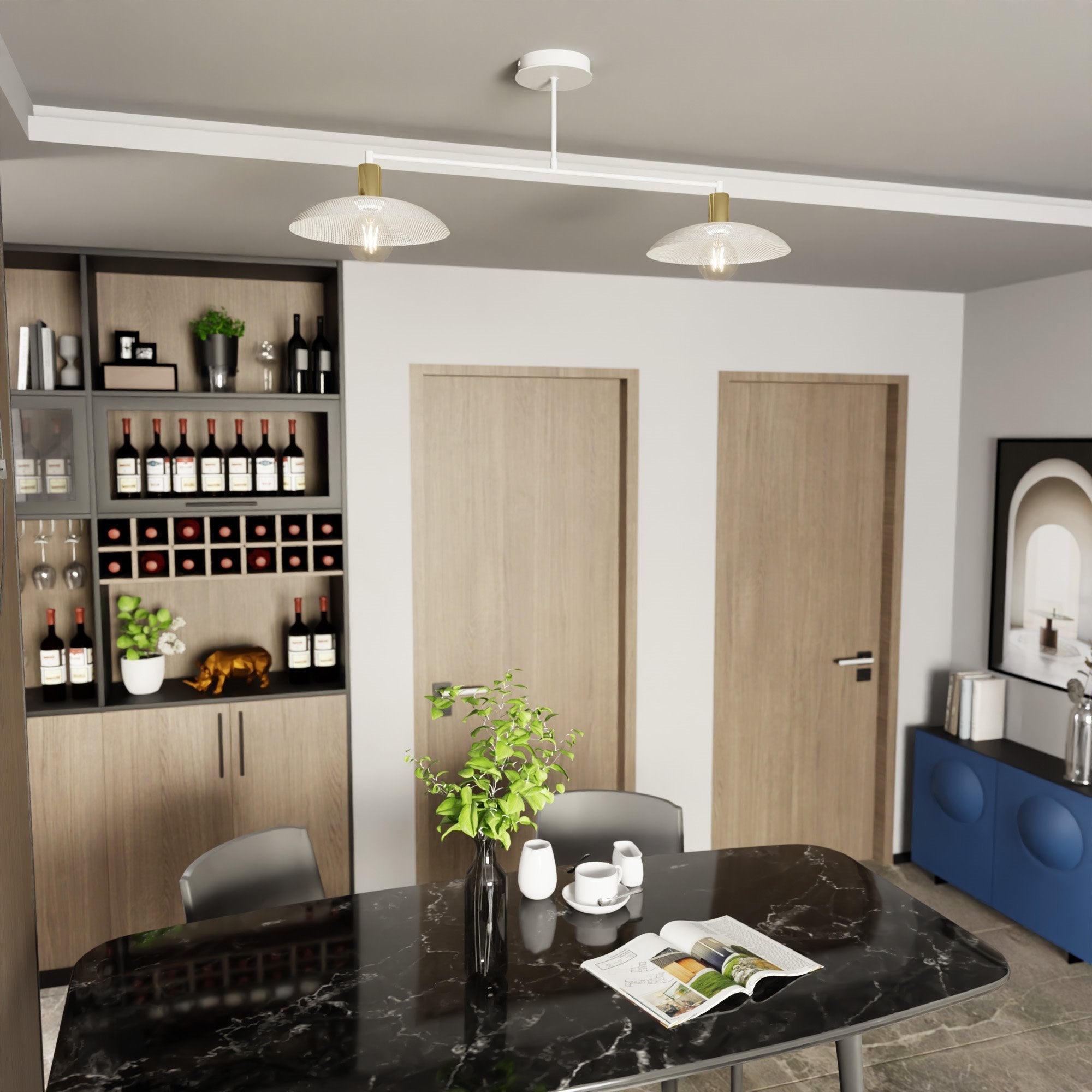 Duża lampa sufitowa NELI 100 cm 2xE27 BIAŁE KLOSZE metal złote dodatki - LAITICA