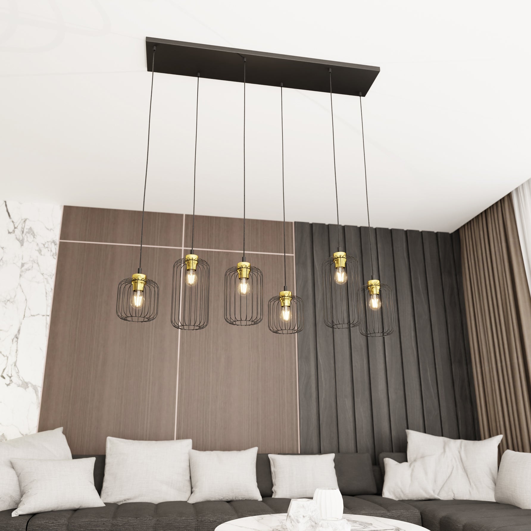 Duża Lampa Wisząca LIMA 6 Kloszy E27 Czarno - Złota Do Salonu Regulowana Loft - LAITICA