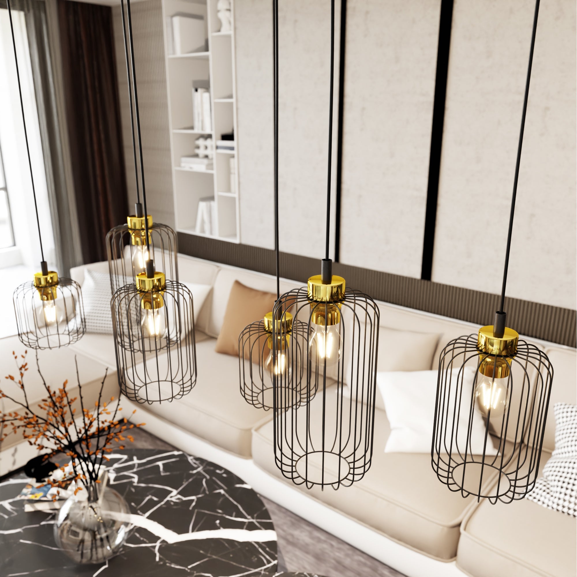 Duża Lampa Wisząca LIMA 6 Kloszy E27 Czarno - Złota Do Salonu Regulowana Loft - LAITICA