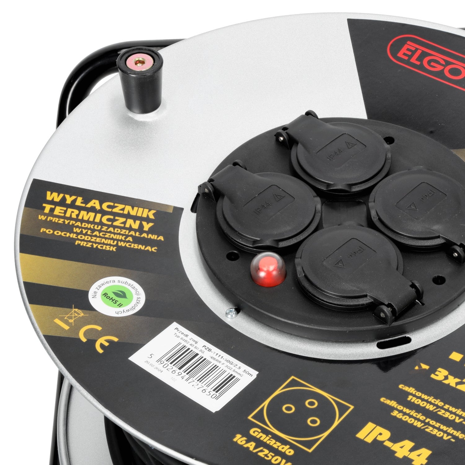 Przedłużacz bębnowy ogrodowy 50m 4 gniazda guma 3x2,5mm zwijany Z UCHWYTEM