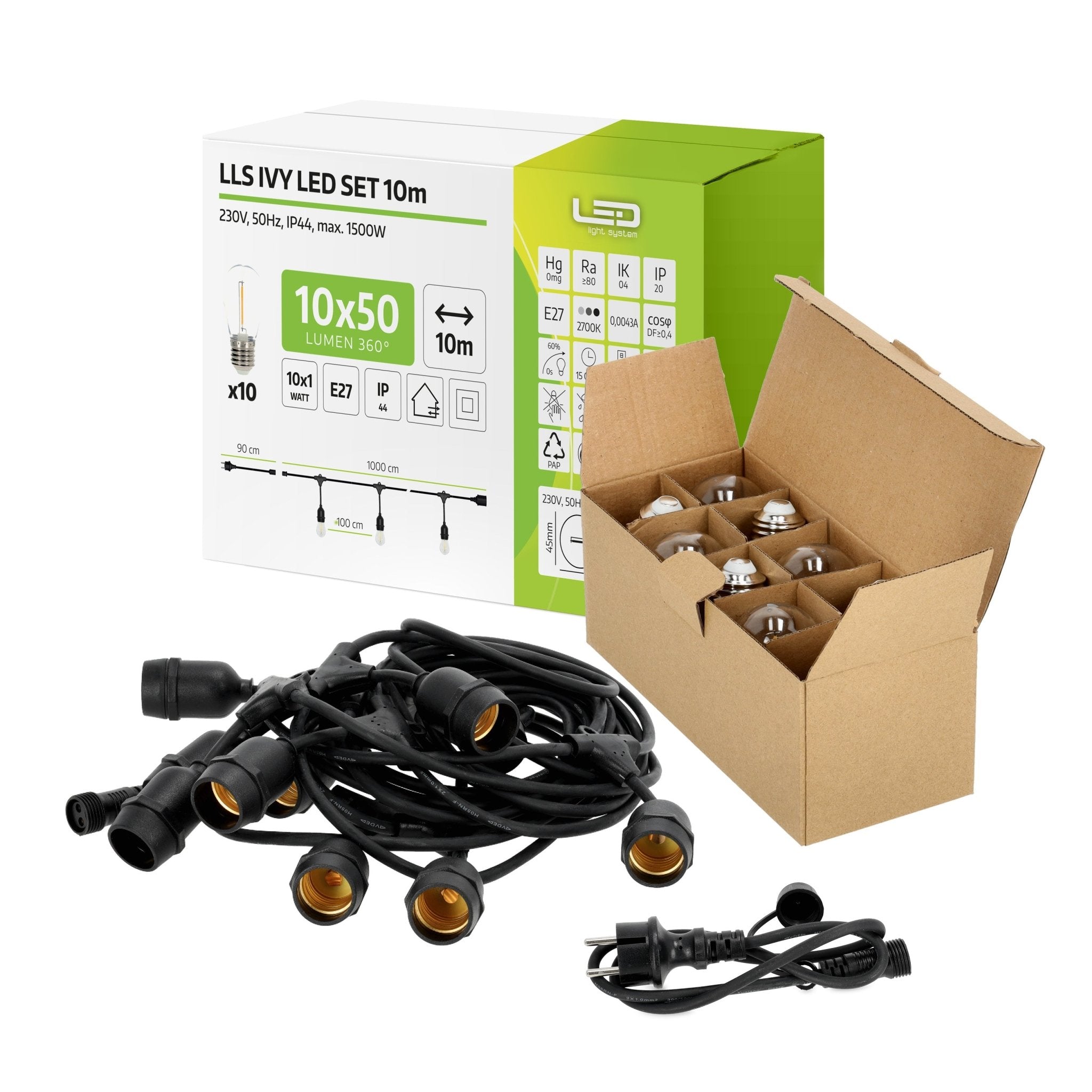 Girlanda Ogrodowa LED Zewnętrzna 10m + 10 Żarówek E27 1W 3000K Ciepła Biel Łańcuch Świetlny IP44 - LAITICA