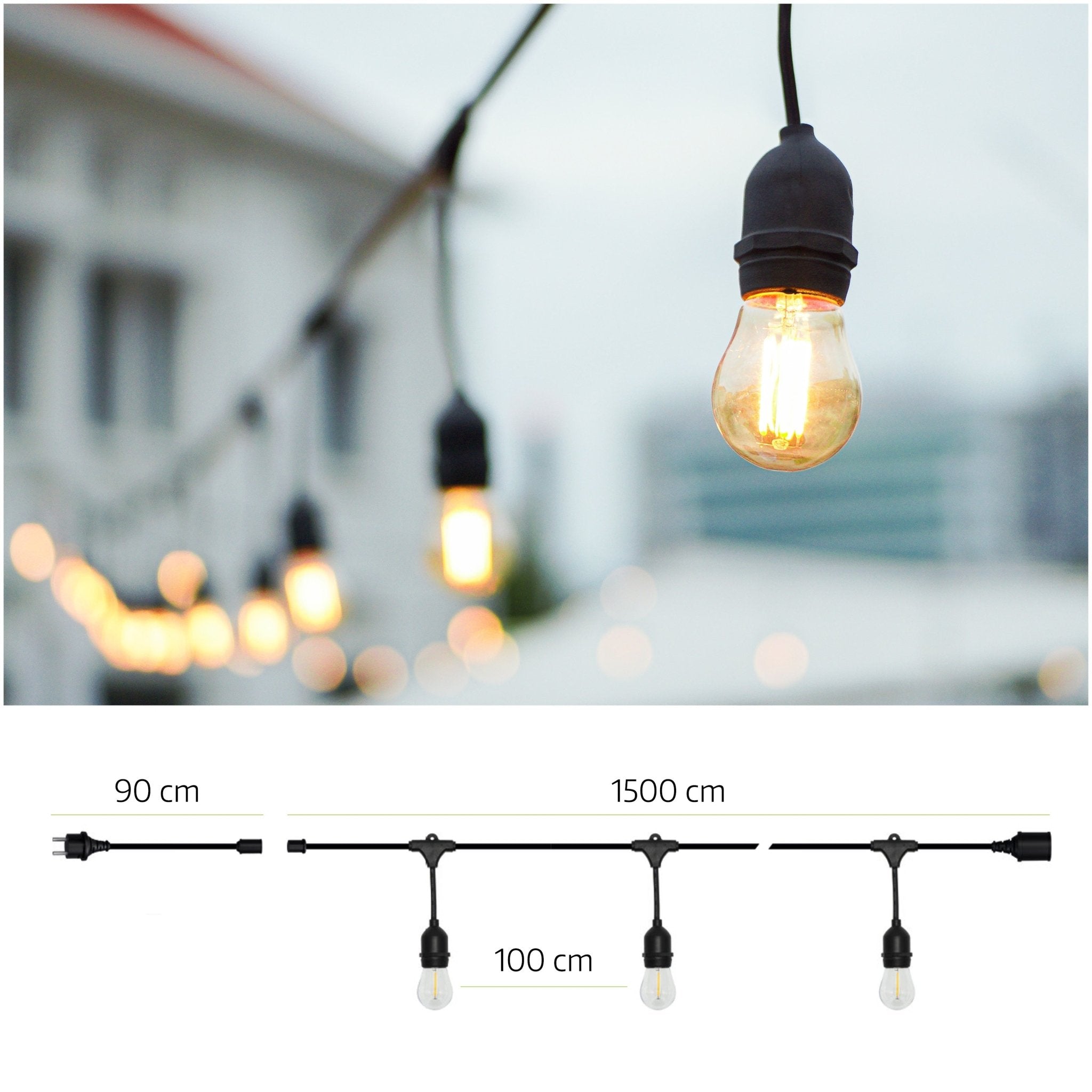 Girlanda Ogrodowa LED Zewnętrzna 15m + 15 Żarówek 1W 3000K Ciepła Biel Łańcuch Świetlny - LAITICA