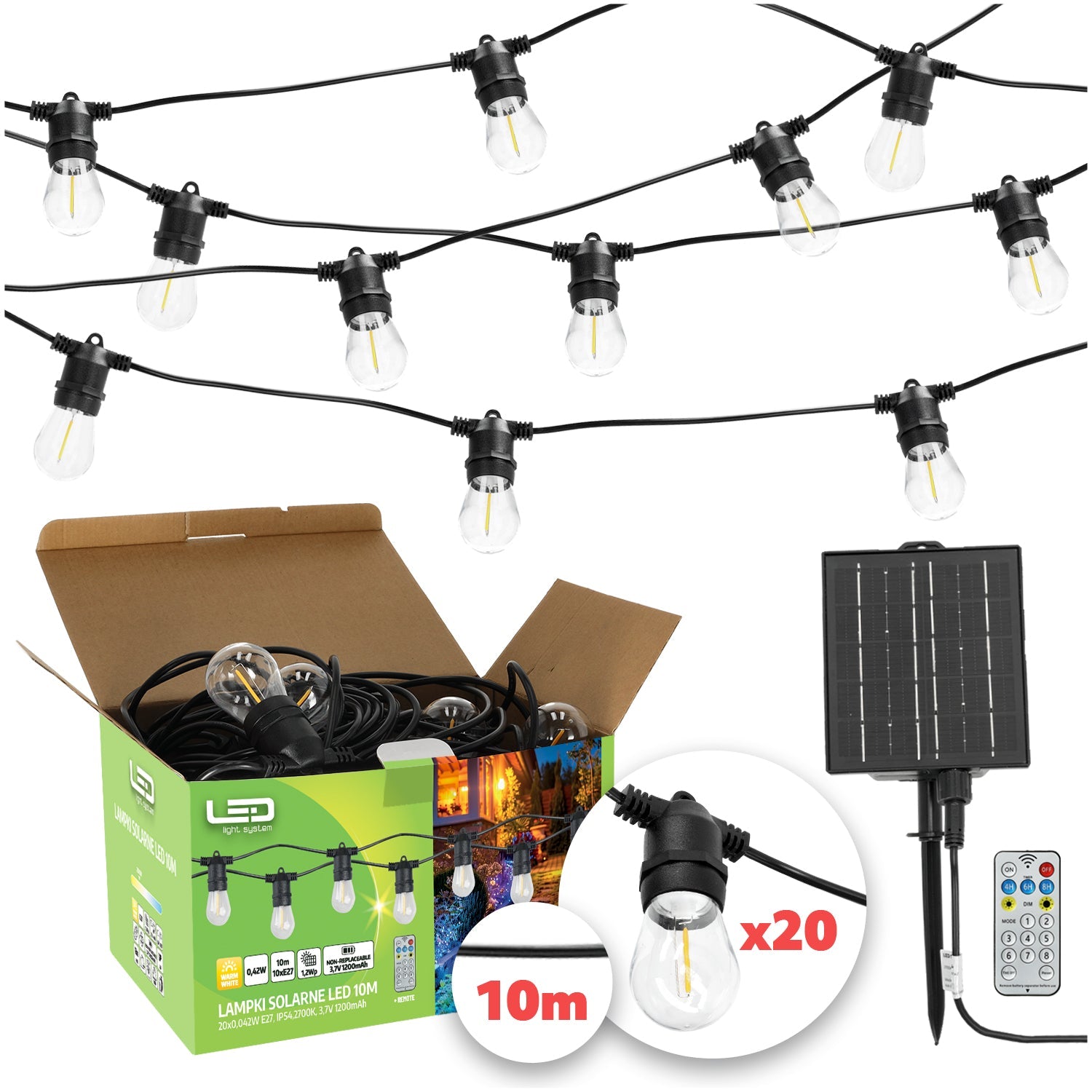 Girlanda Solarna LED 20m 20x E27 – Lampki Ogrodowe Taras Balkon - LAITICA