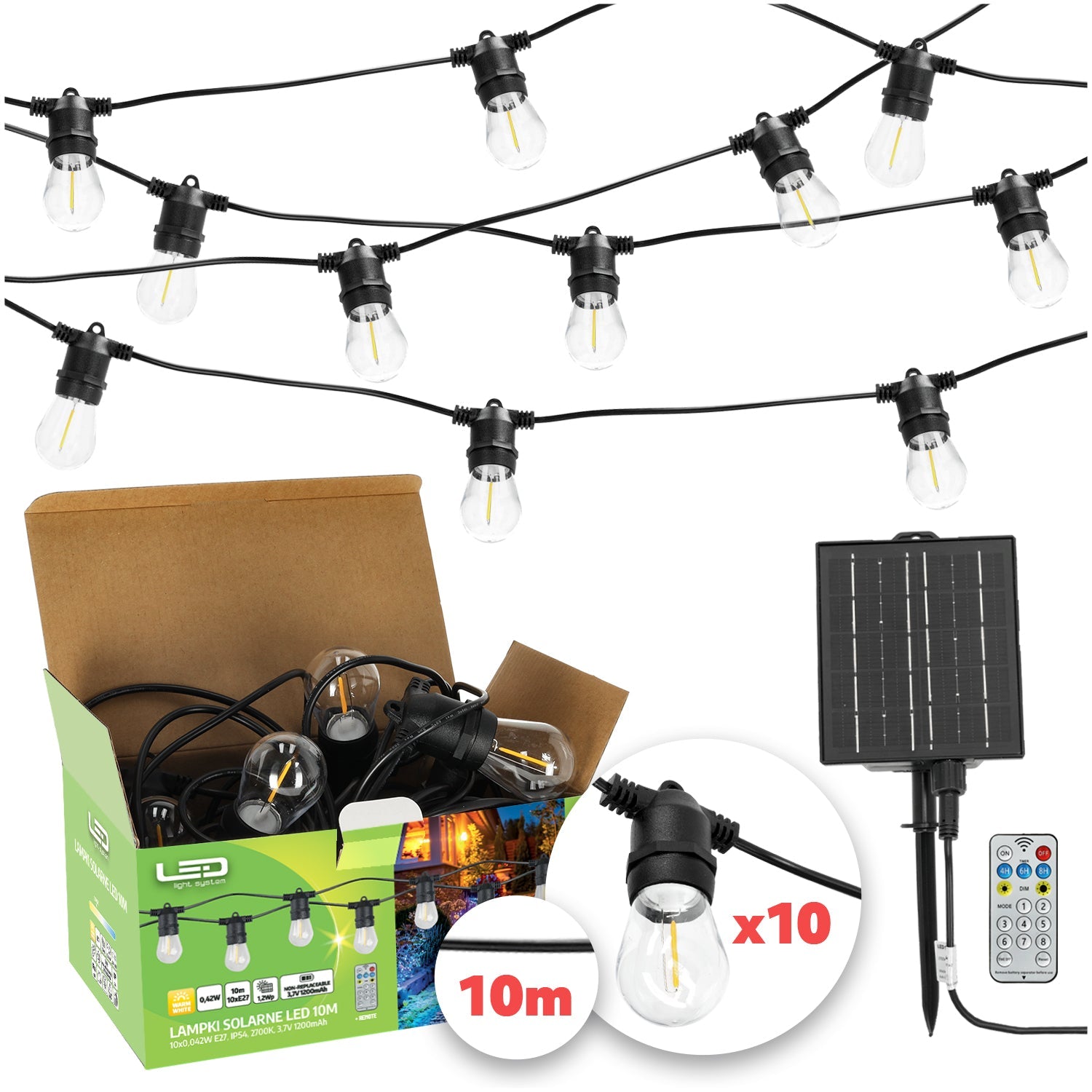Girlanda Solarna Ogrodowa LED 10m 10x E27 z Pilotem – Lampki Taras - LAITICA