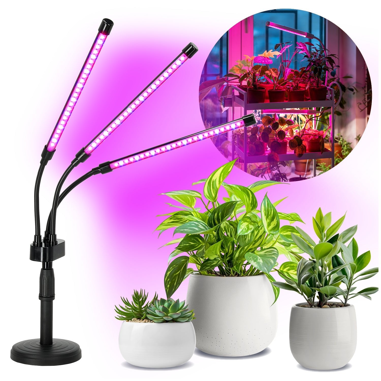 Lampa Do Uprawy Roślin Lampka LED 3 Głowice Czasomierz + zasilacz - LAITICA