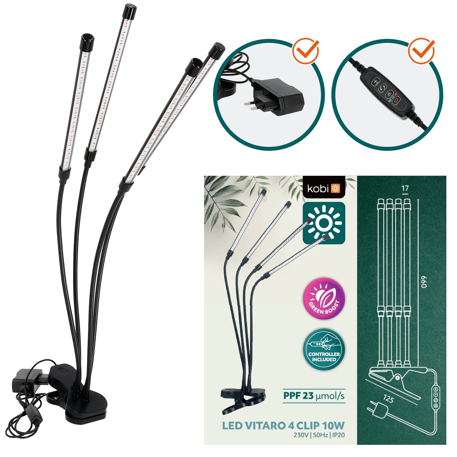 Lampa LED do Roślin 4 Głowice Do Wzrostu Uprawy Klips TIMER + zasilacz - LAITICA