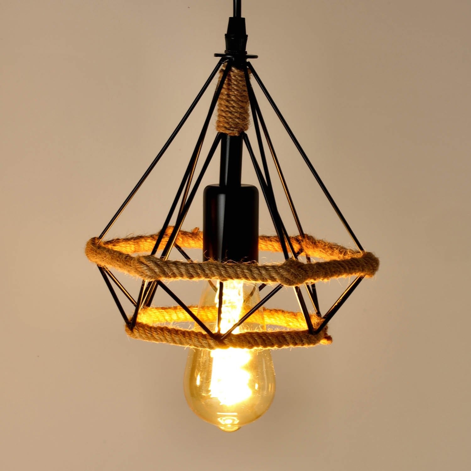 Lampa Loft Wisząca Potrójna Nowoczesna Metal i Sznurek Sufitowa Industrial - LAITICA