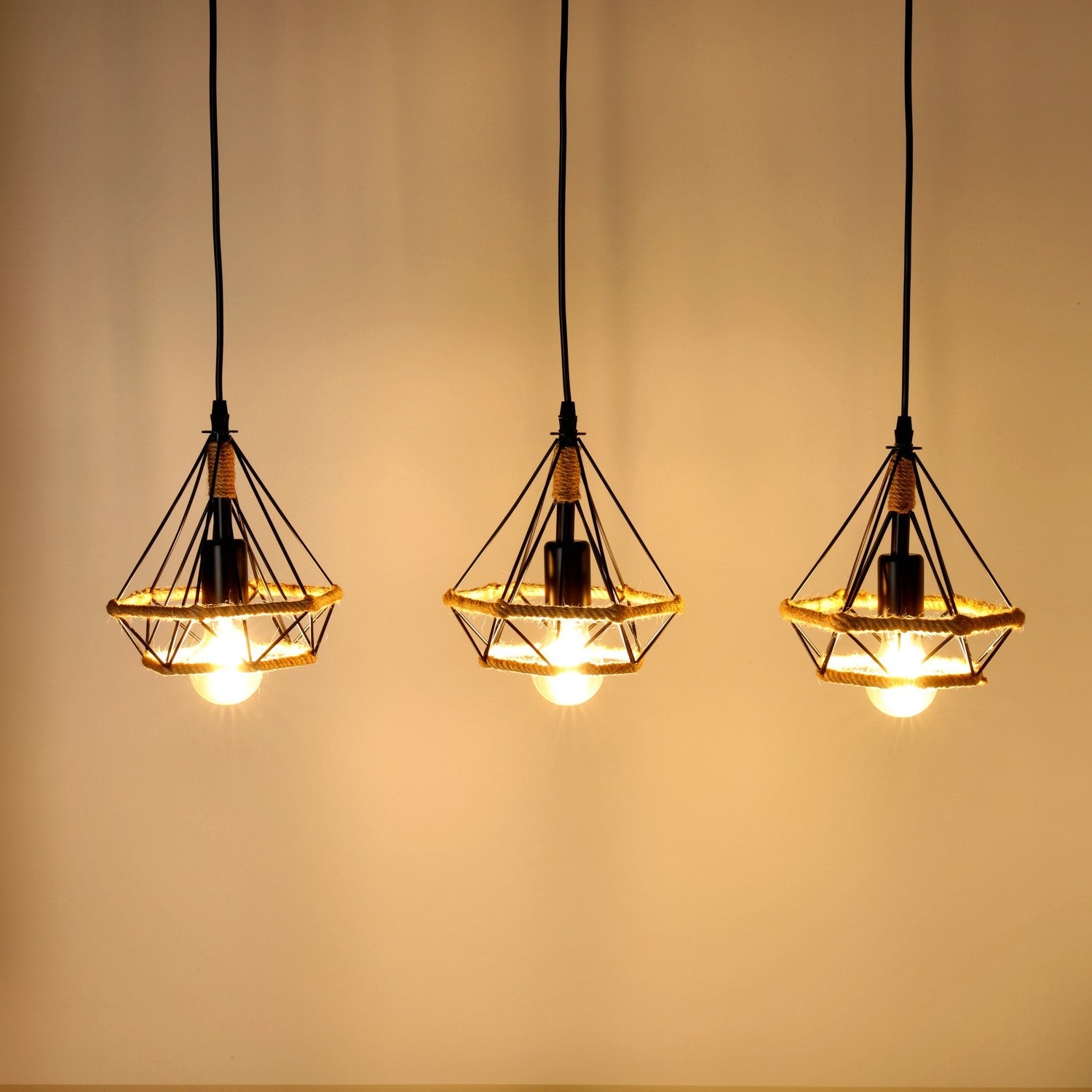 Lampa Loft Wisząca Potrójna Nowoczesna Metal i Sznurek Sufitowa Industrial - LAITICA