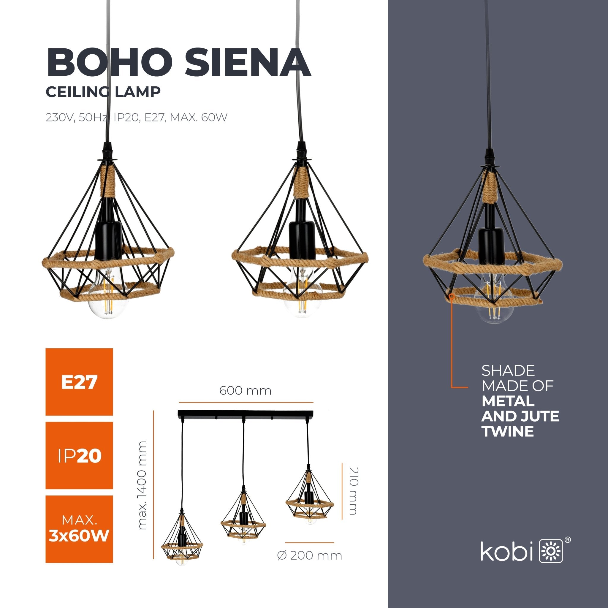 Lampa Loft Wisząca Potrójna Nowoczesna Metal i Sznurek Sufitowa Industrial - LAITICA