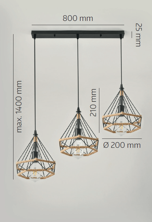 Lampa Loft Wisząca Potrójna Nowoczesna Metal i Sznurek Sufitowa Industrial - LAITICA
