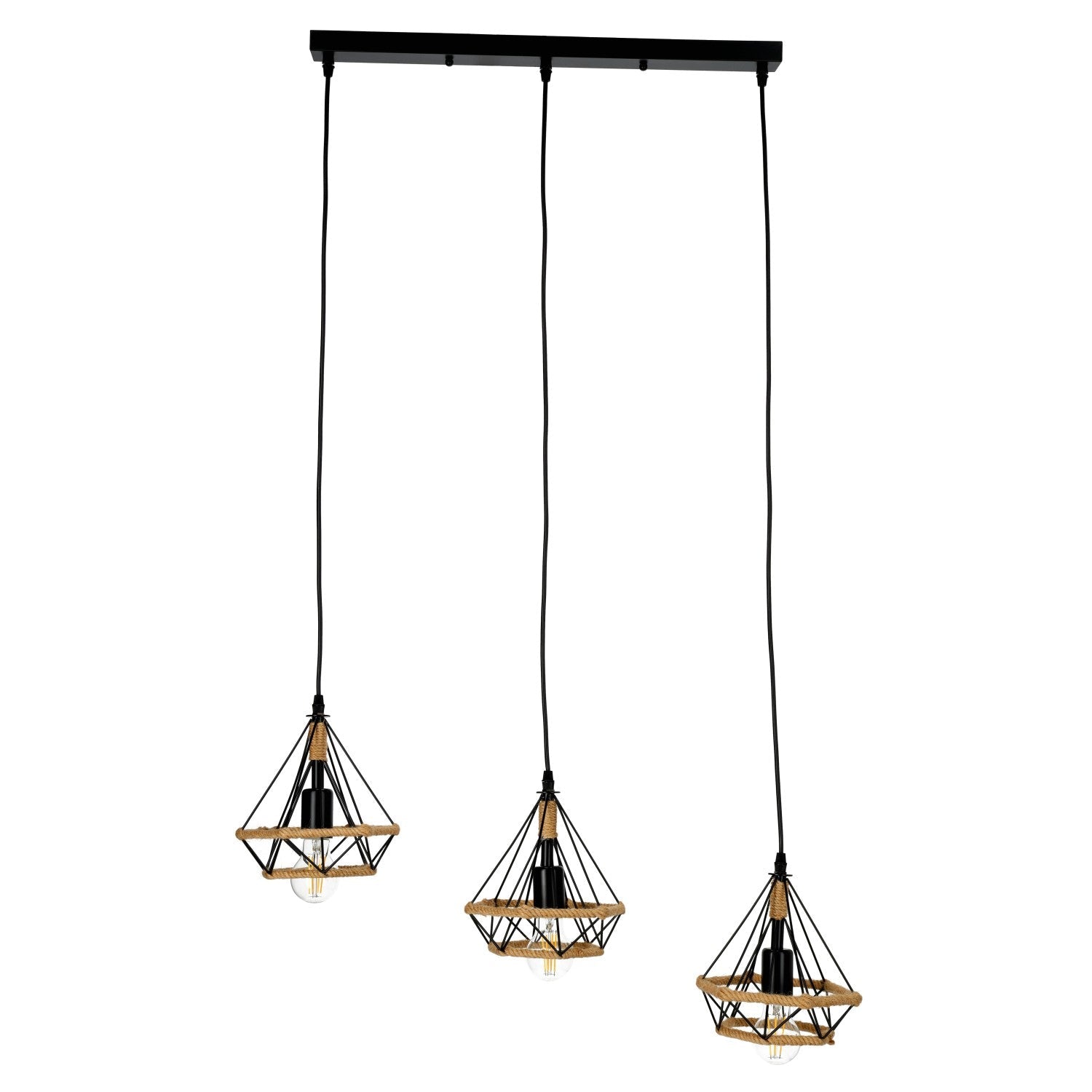 Lampa Loft Wisząca Potrójna Nowoczesna Metal i Sznurek Sufitowa Industrial - LAITICA