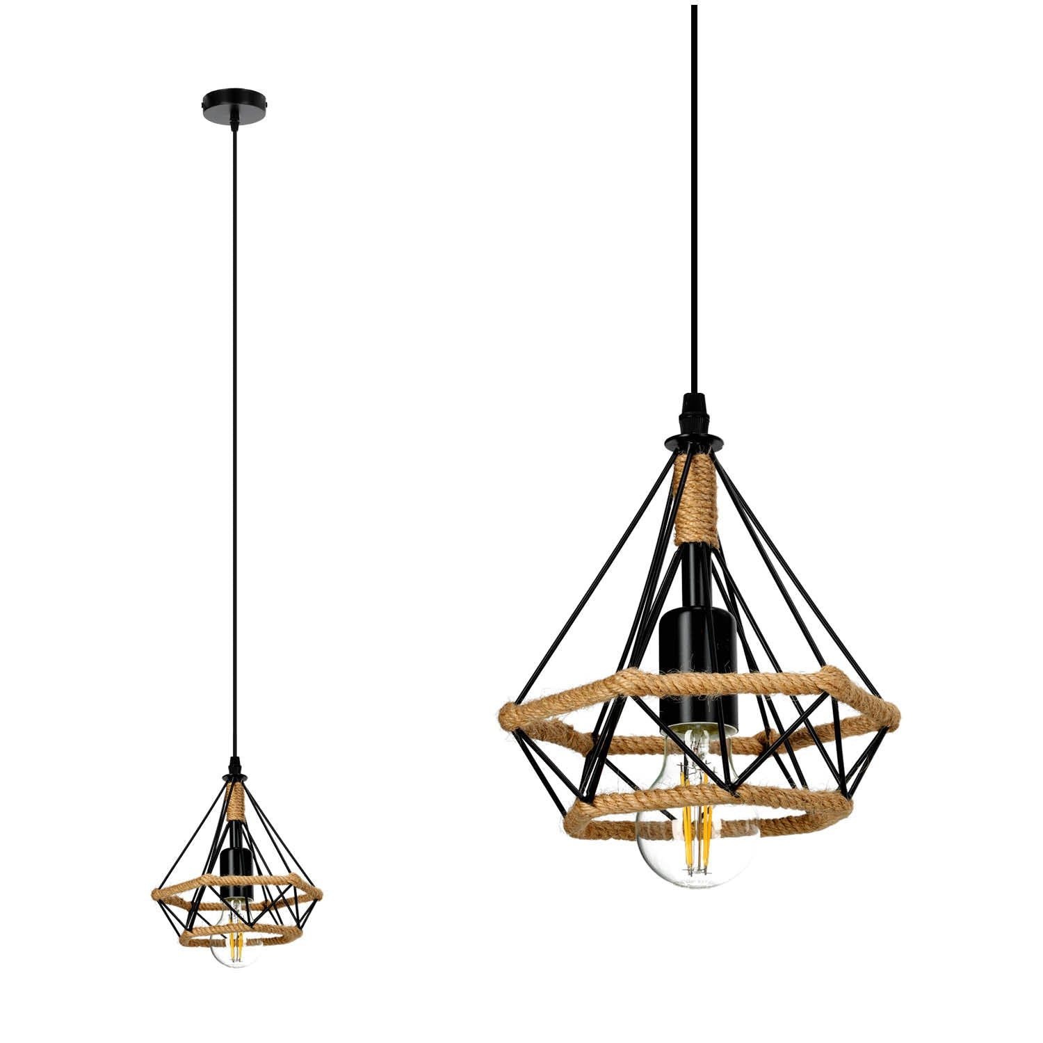 Lampa Loft Wisząca Potrójna Nowoczesna Metal i Sznurek Sufitowa Industrial - LAITICA