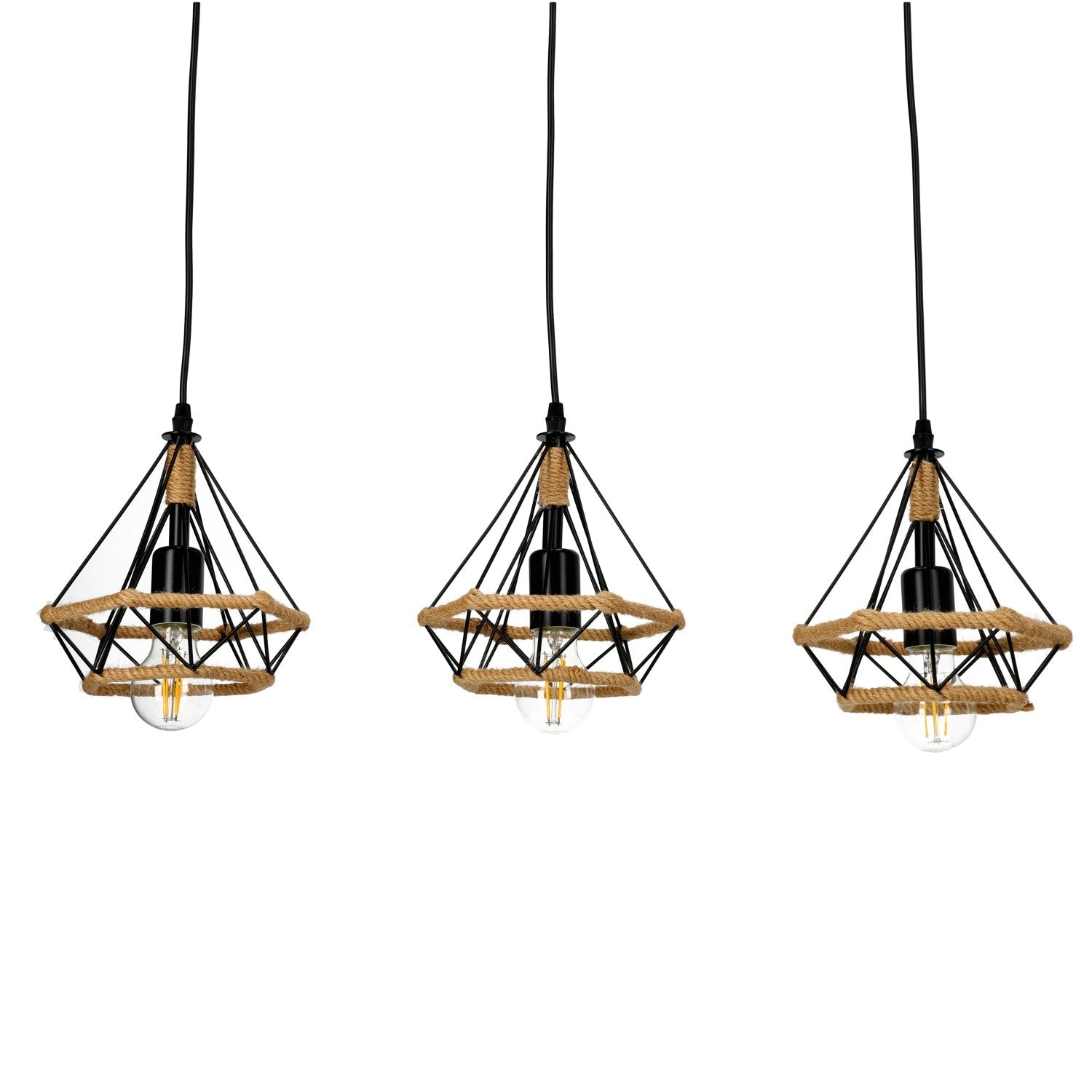 Lampa Loft Wisząca Potrójna Nowoczesna Metal i Sznurek Sufitowa Industrial - LAITICA