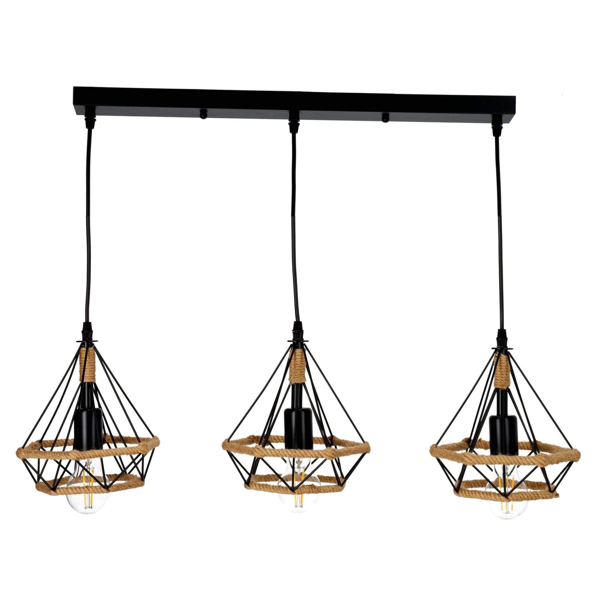 Lampa Loft Wisząca Potrójna Nowoczesna Metal i Sznurek Sufitowa Industrial - LAITICA