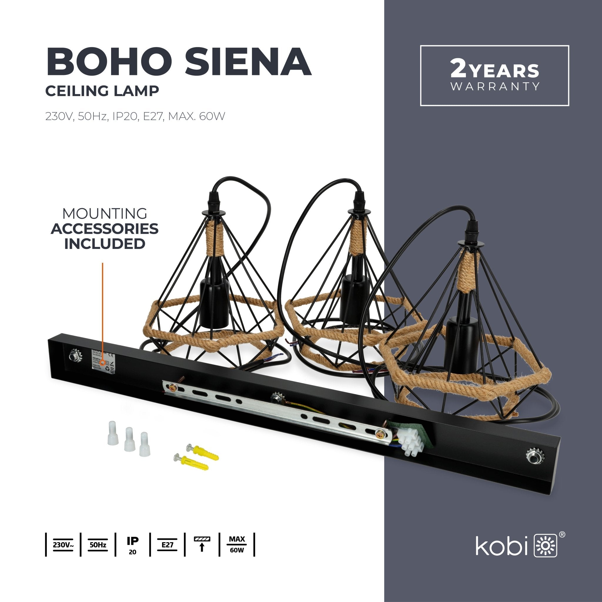 Lampa Loft Wisząca Potrójna Nowoczesna Metal i Sznurek Sufitowa Industrial - LAITICA